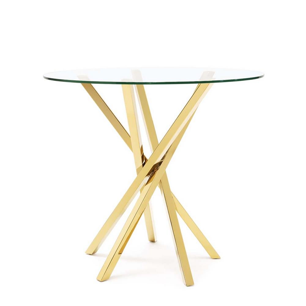 Side table eclipse with base 
in metal in gold finish.
With round clear glass top.
 