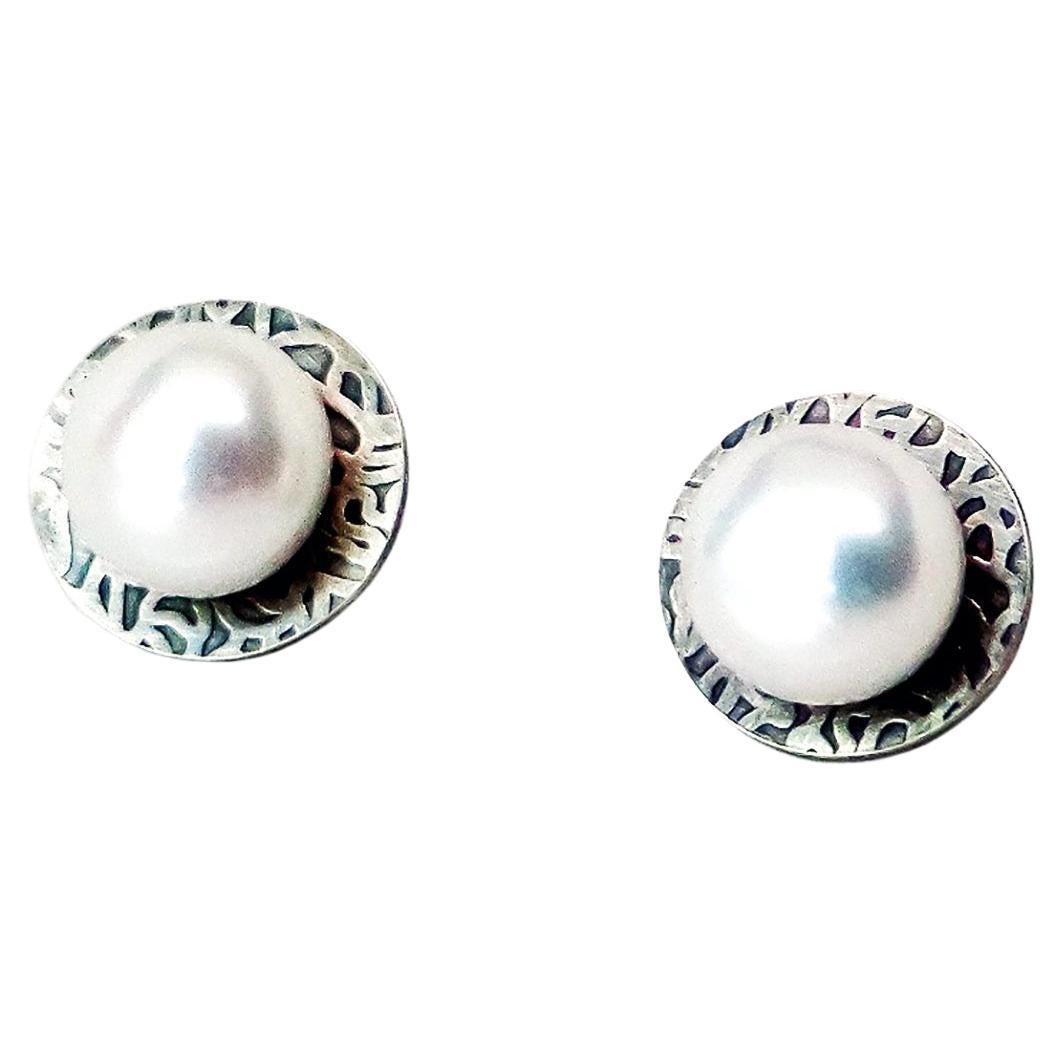 Eclipse Sterling Silver Freshwater Pearl Studs by TIN HAUS For Sale
