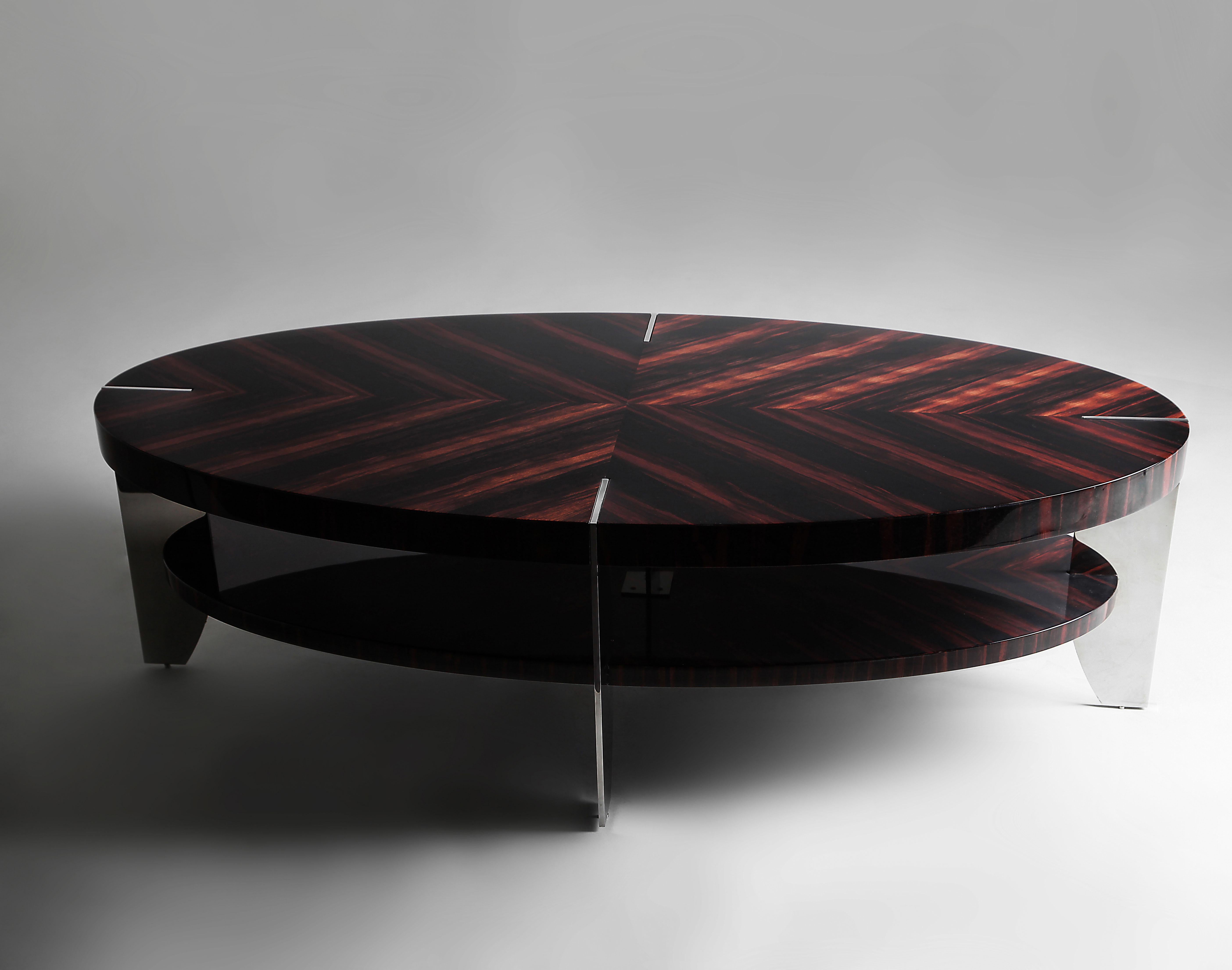 Lebanese Eclipse, Coffee Table in Natural Macassar and Polished Stainless Steel