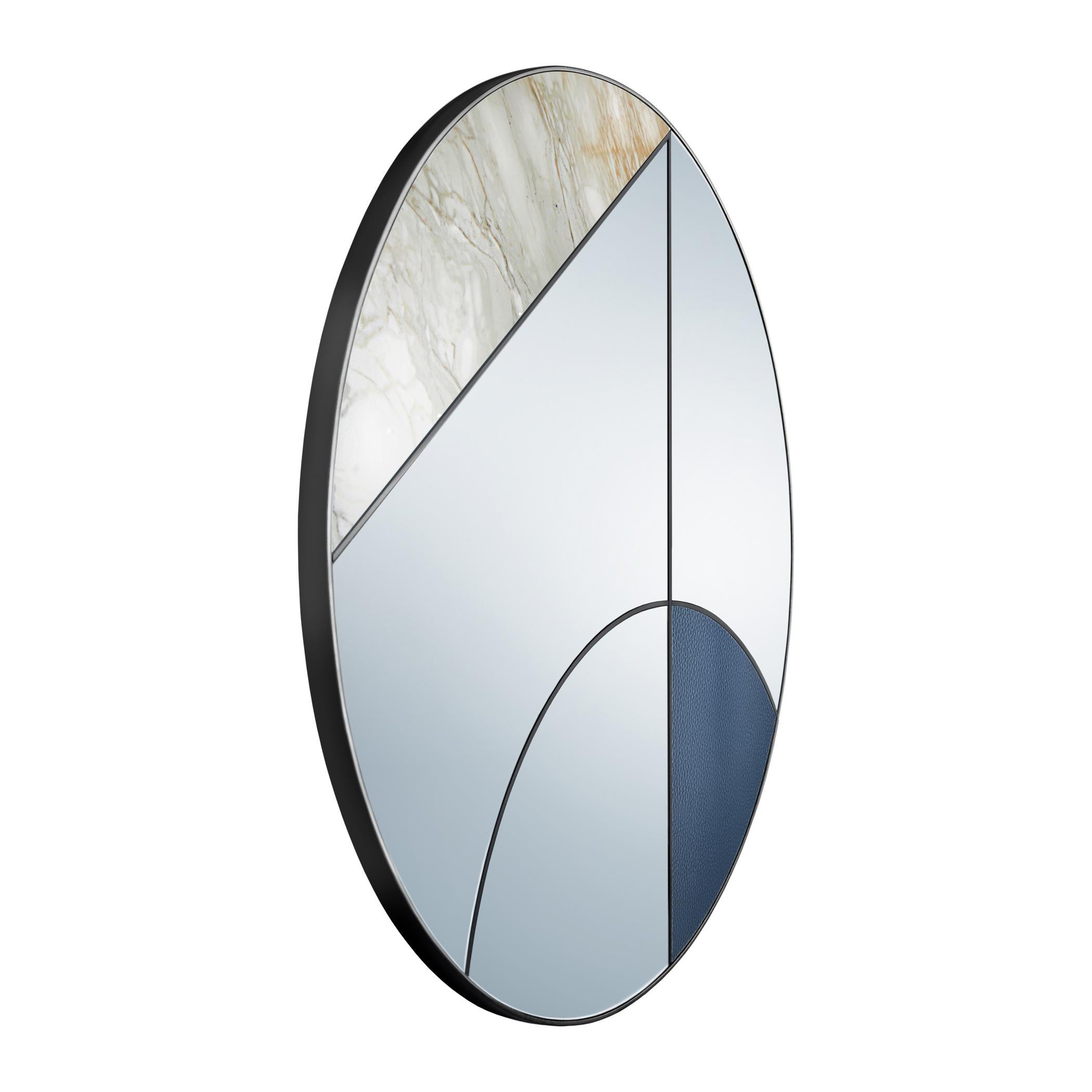 Modern Eclipsis I 80 Wall Mirror Calacatta Gold Marble and Blue Leather by Atlasproject For Sale