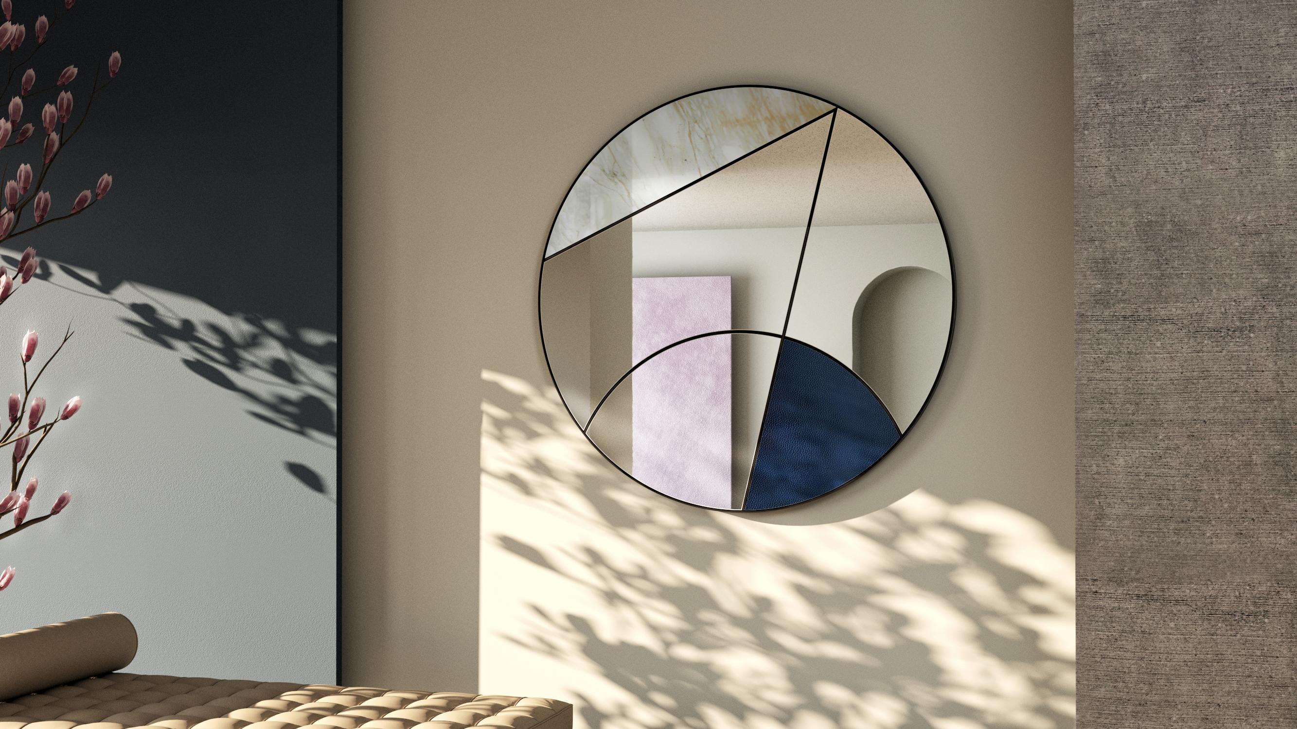 Contemporary Eclipsis I 80 Wall Mirror Calacatta Gold Marble and Blue Leather by Atlasproject For Sale