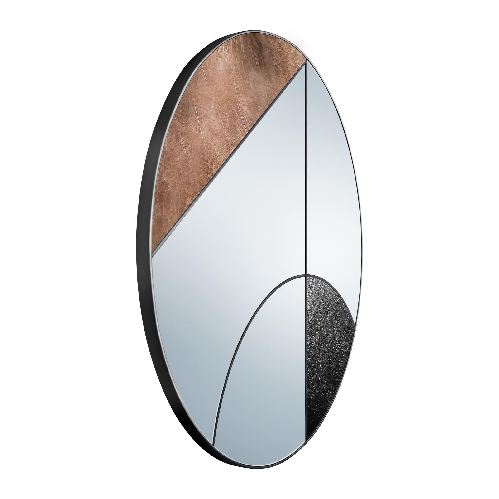 Modern Eclipsis III 80 Wall Mirror Copper and Black Leather by Atlasproject For Sale