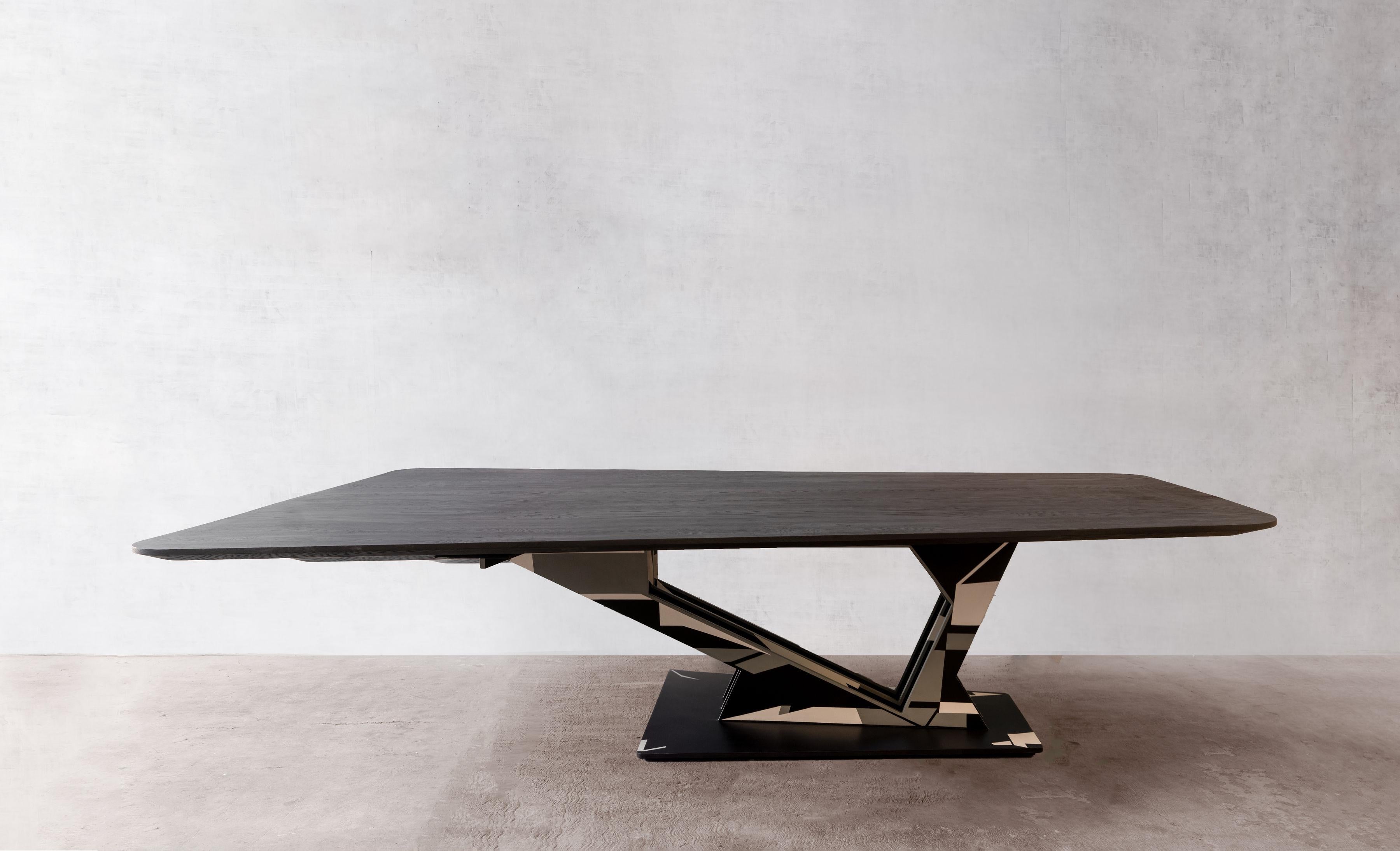 Ecliptic table by Arturo Verástegui
Dimensions: D 240 x W 100 x H 55 cm
Materials: oak wood, stainless steel.

Dining table made of burnt white oak and steel plate pedestal intervened by the master Raymundo Sesma.

Arturo Verástegui has been the