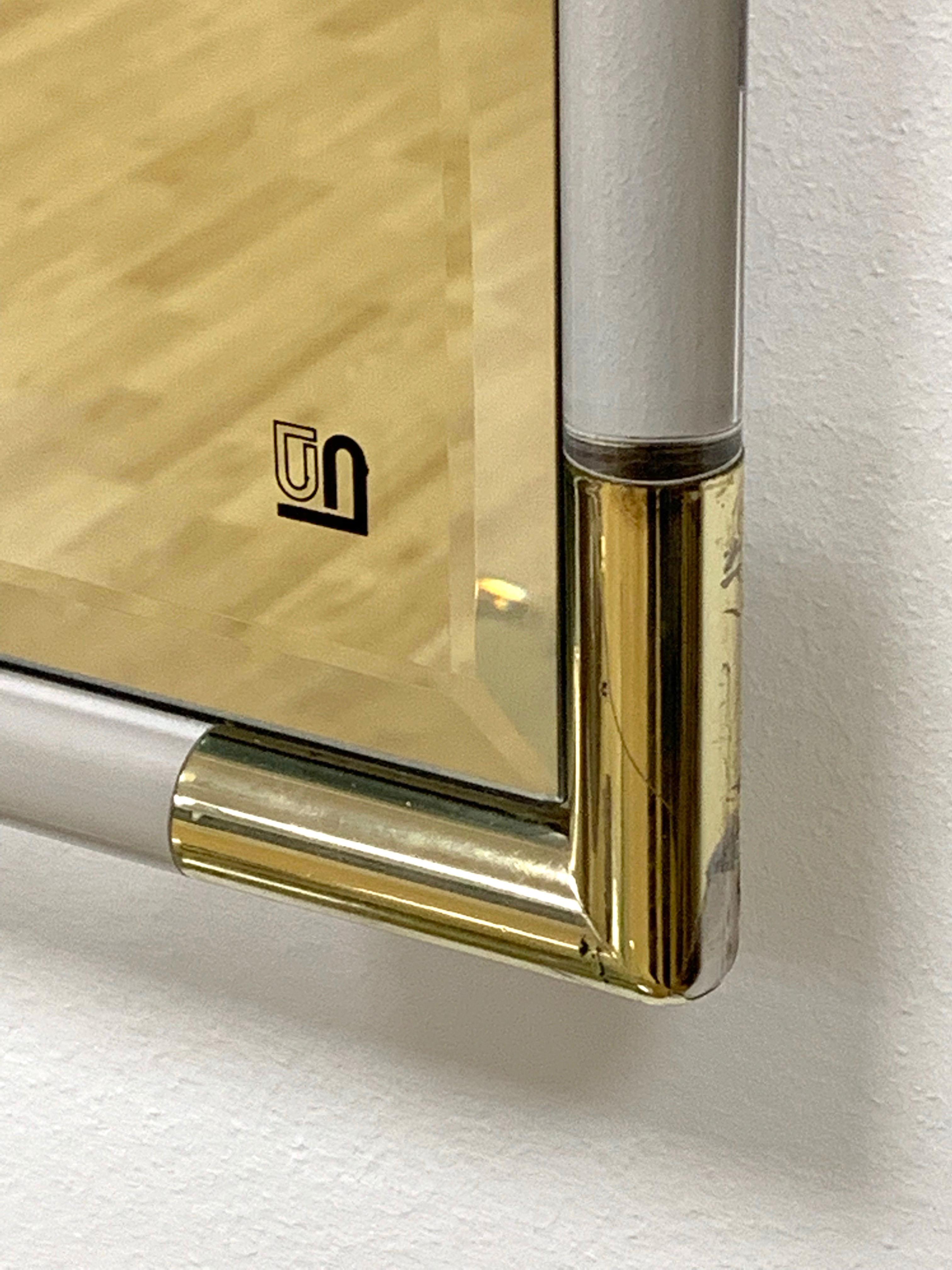 Eclisse Midcentury Squared Lucite-Framed Wall Mirror with Golden Corners, 1970s 2