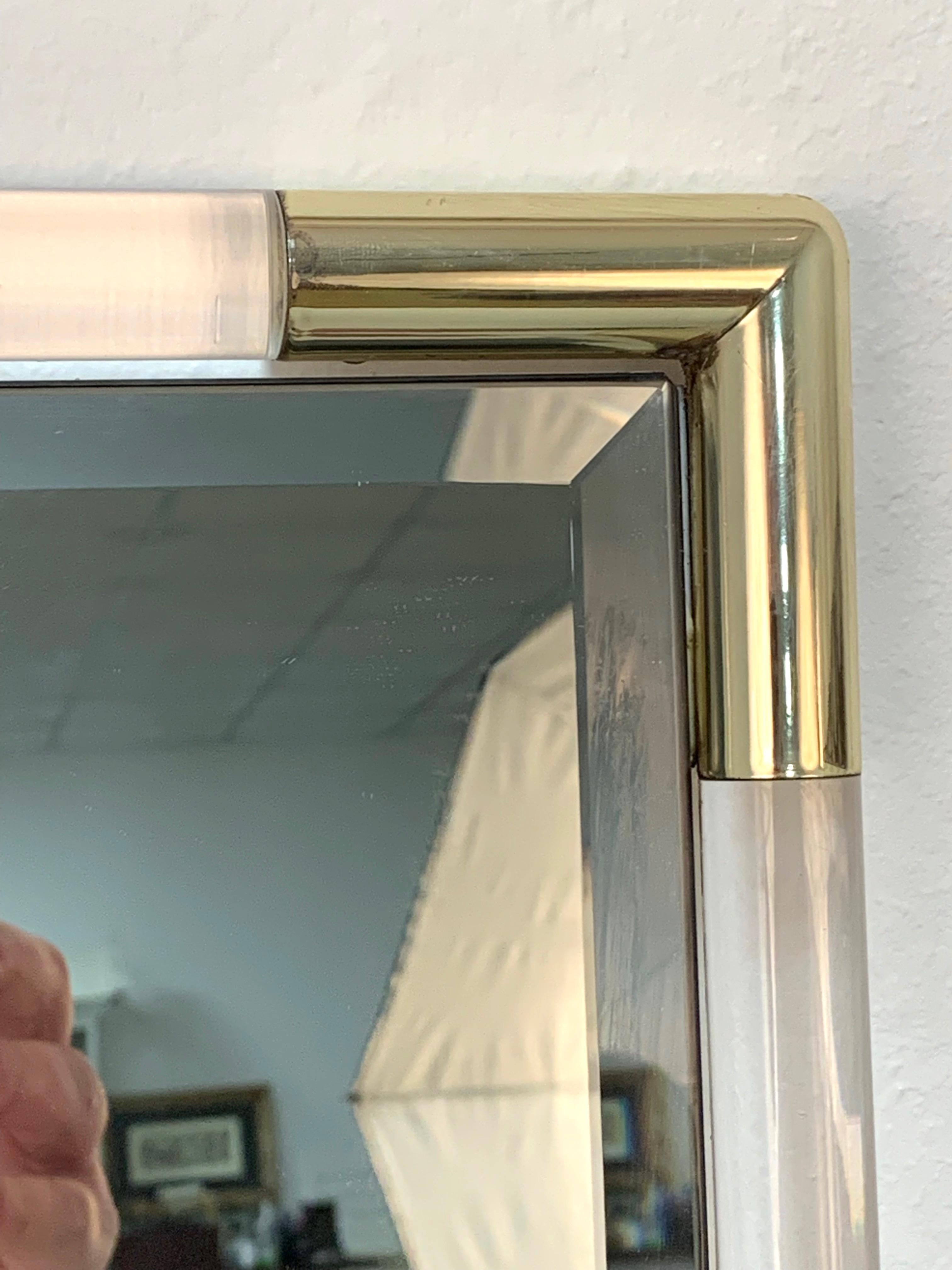 Italian Eclisse Midcentury Squared Lucite-Framed Wall Mirror with Golden Corners, 1970s