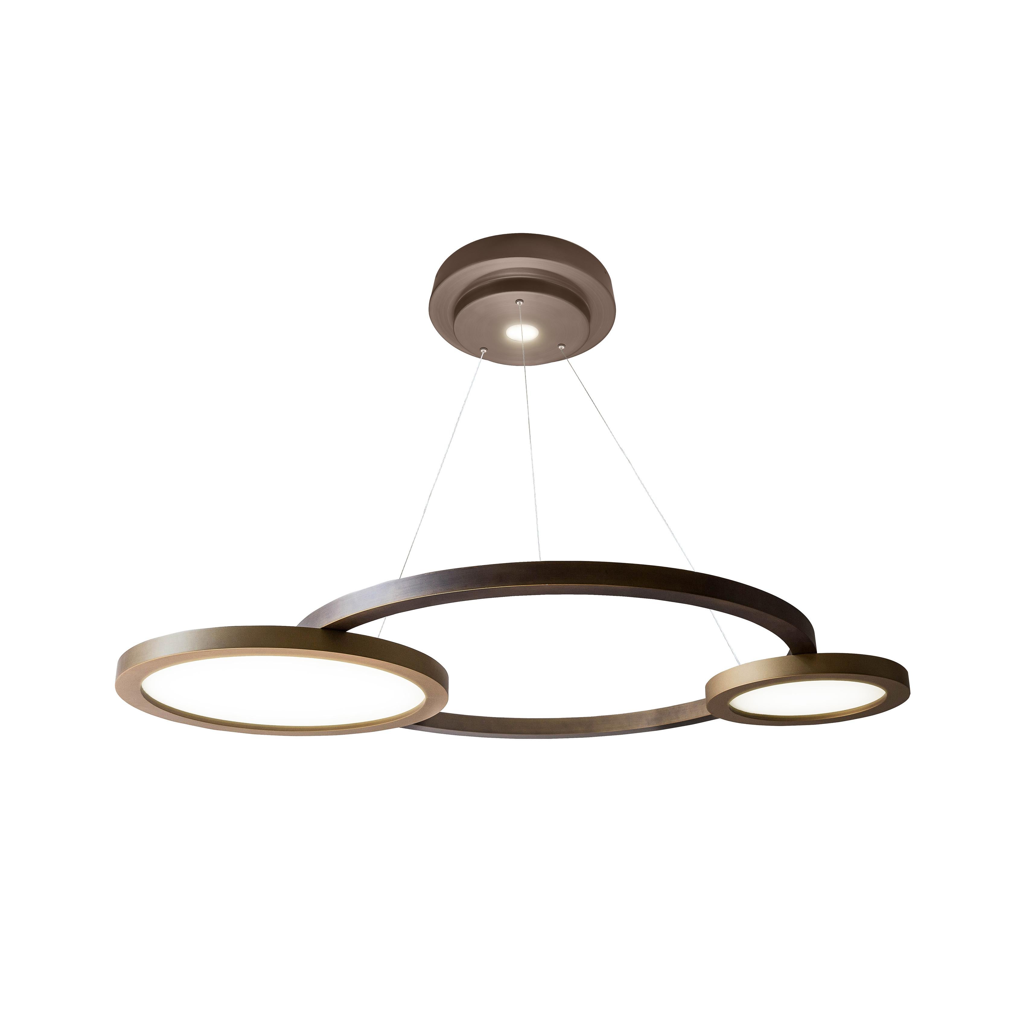 Eclisse Suspension Lamp with Light and Dark Satin Bronze Rings and Alabaster For Sale