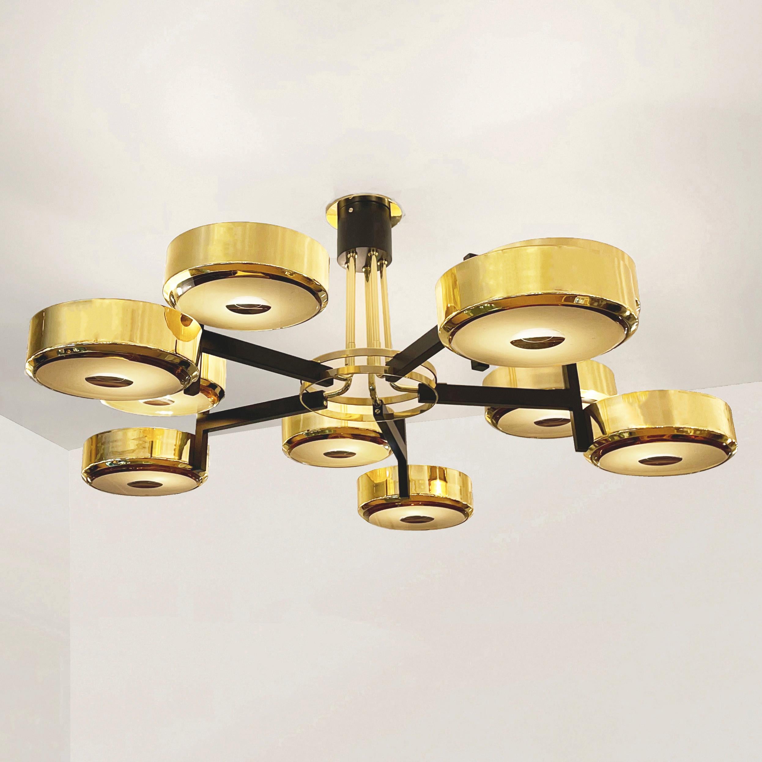 The Eclissi Grande ceiling light is designed around five pairs of eclipsing shades bound by a series of brass rings and a distinctive set of stems. Shown in polished brass with black accents and fitted with our Ambra Carved Glass.

Customization