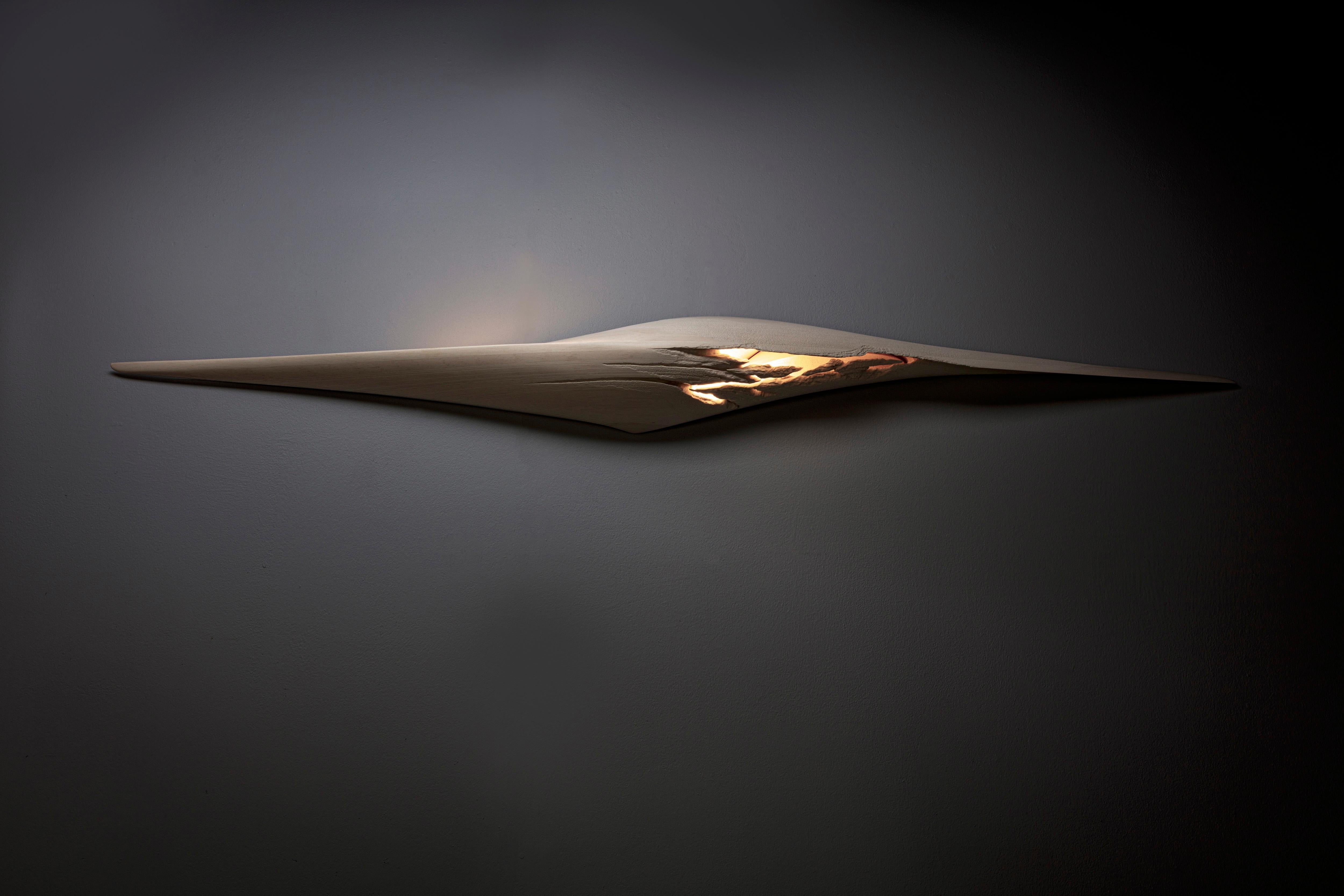 Contemporary Eclosion Wall-Mounted Luminary Sculpture in Eroded Sycamore by Tor Rothschild For Sale