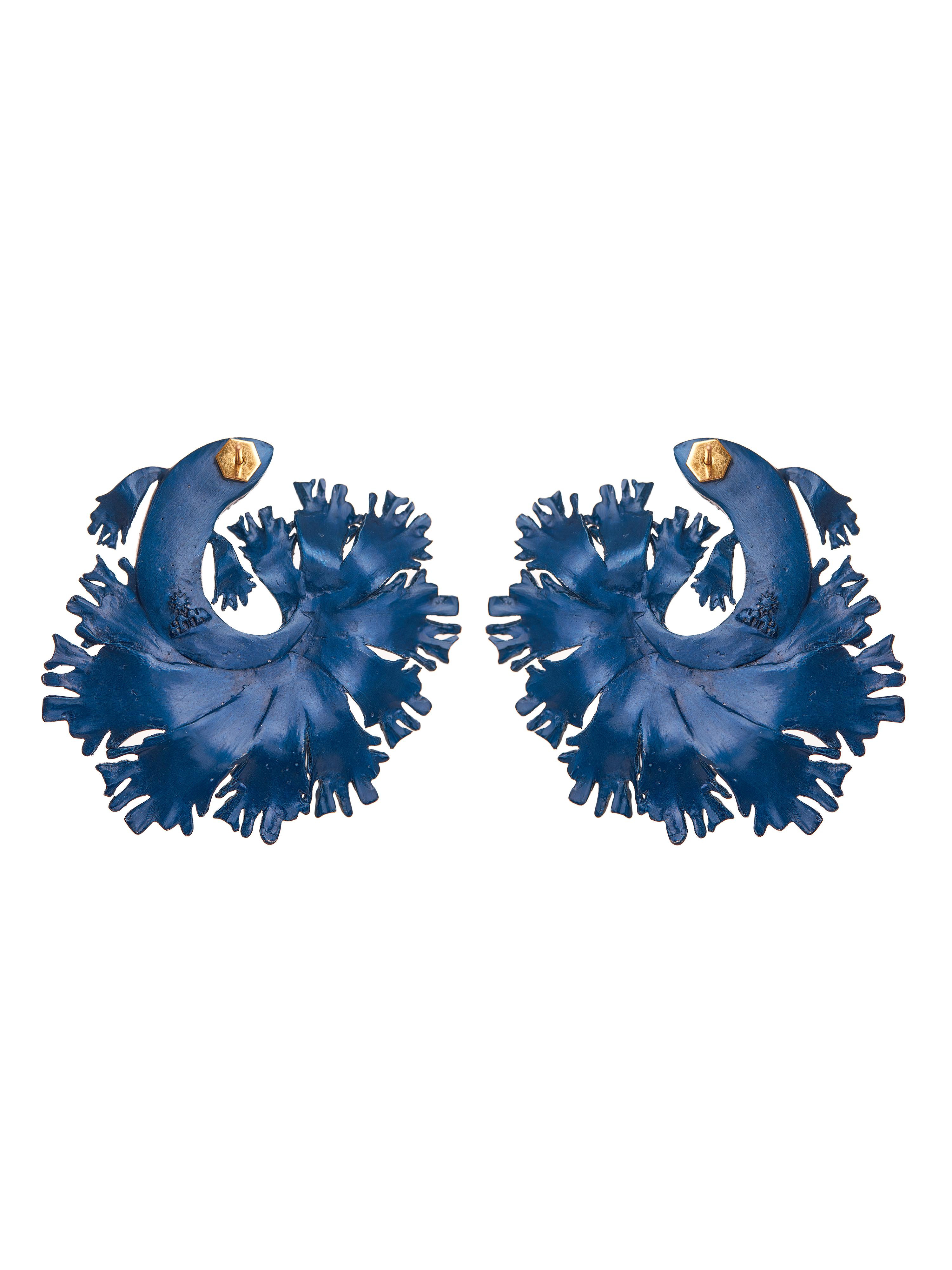 Pendientes Gran Pez Luchador Siamés Azul Aluminio reciclado, oro de 18 quilates y diamante Contemporáneo en venta
