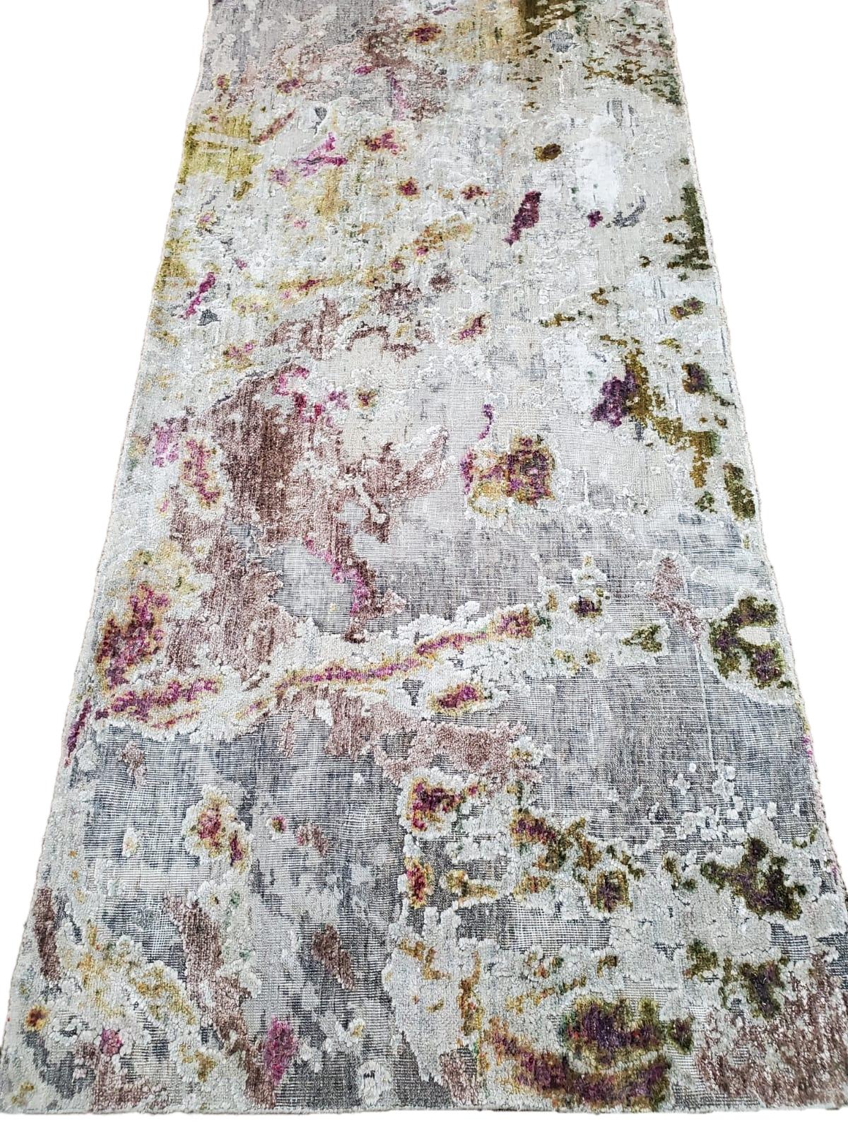 Organic Modern Eco-Friendly Distressed Wool and Silk Abstract Contemporary Runner Rug in Stock For Sale