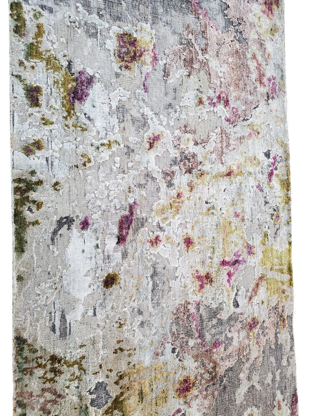 Indian Eco-Friendly Distressed Wool and Silk Abstract Contemporary Runner Rug in Stock For Sale