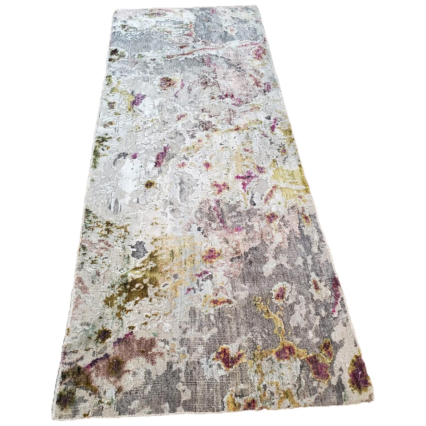 Eco-Friendly Distressed Wool and Silk Abstract Contemporary Runner Rug in Stock