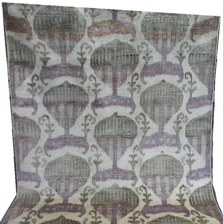 Mid-Century Modern Eco-Friendly Transitional Ikat Silk Beige Purple and Gold Mustard Rug in Stock For Sale