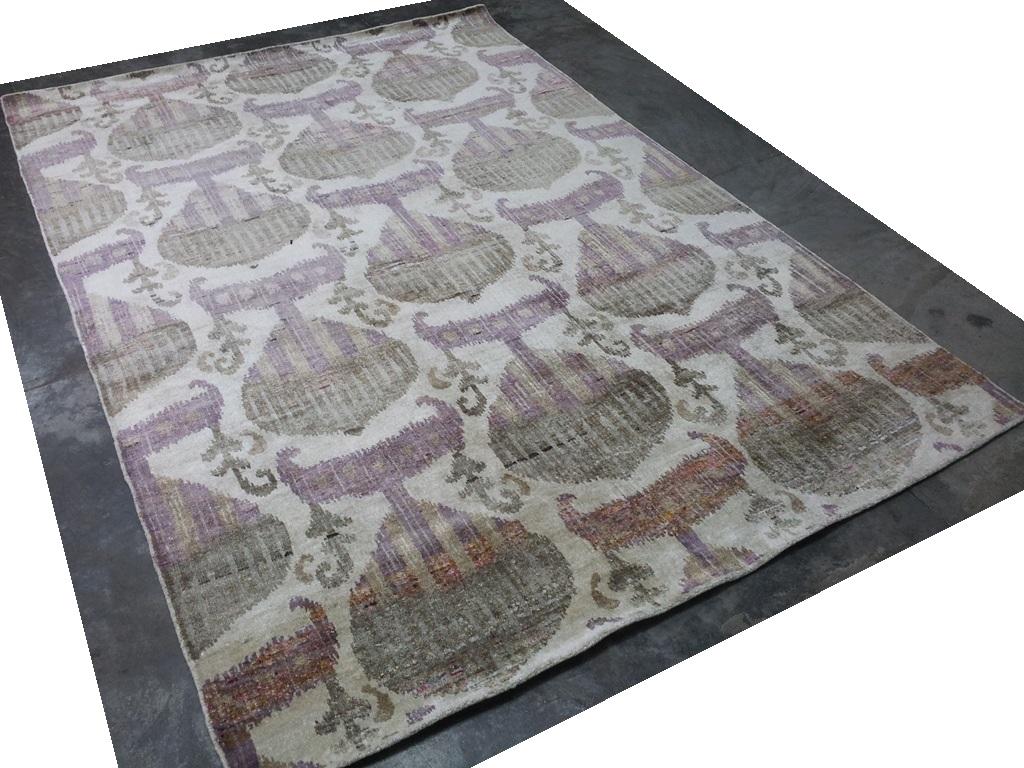 Indian Eco-Friendly Transitional Ikat Silk Beige Purple and Gold Mustard Rug in Stock For Sale