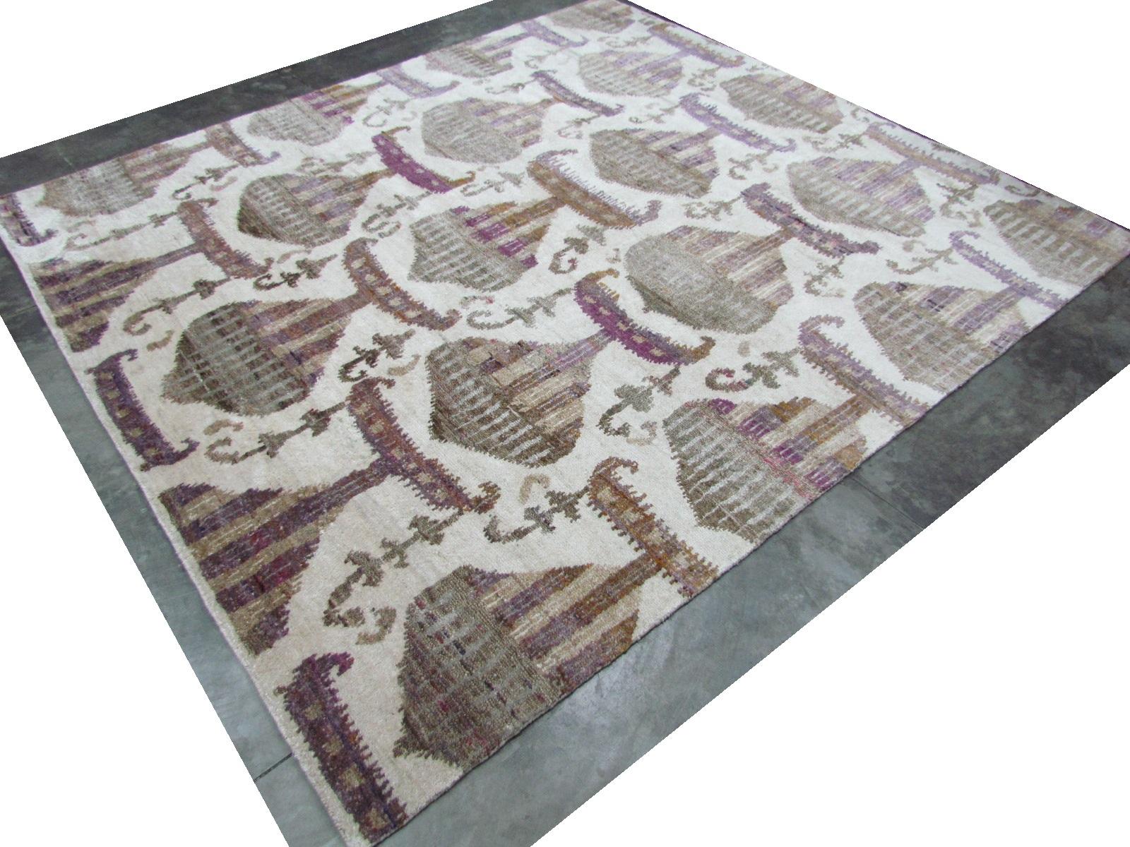Hand-Knotted Eco-Friendly Transitional Ikat Silk Beige Purple and Gold Mustard Rug in Stock For Sale