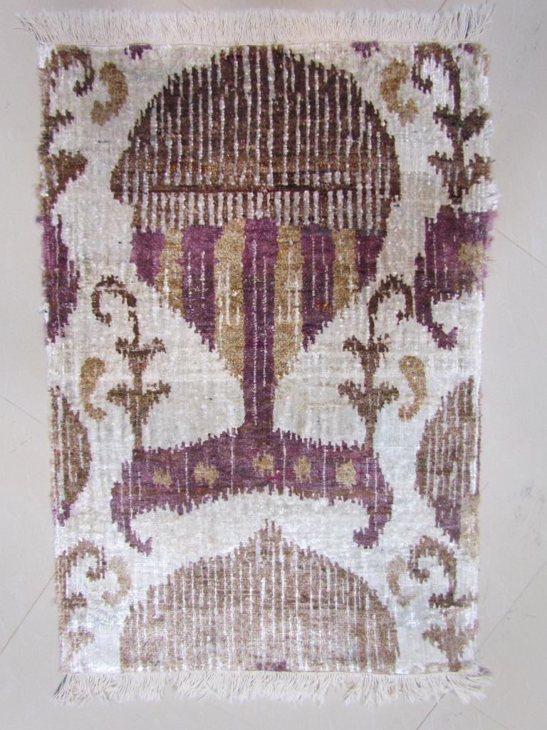 Contemporary Eco-Friendly Transitional Ikat Silk Beige Purple and Gold Mustard Rug in Stock For Sale