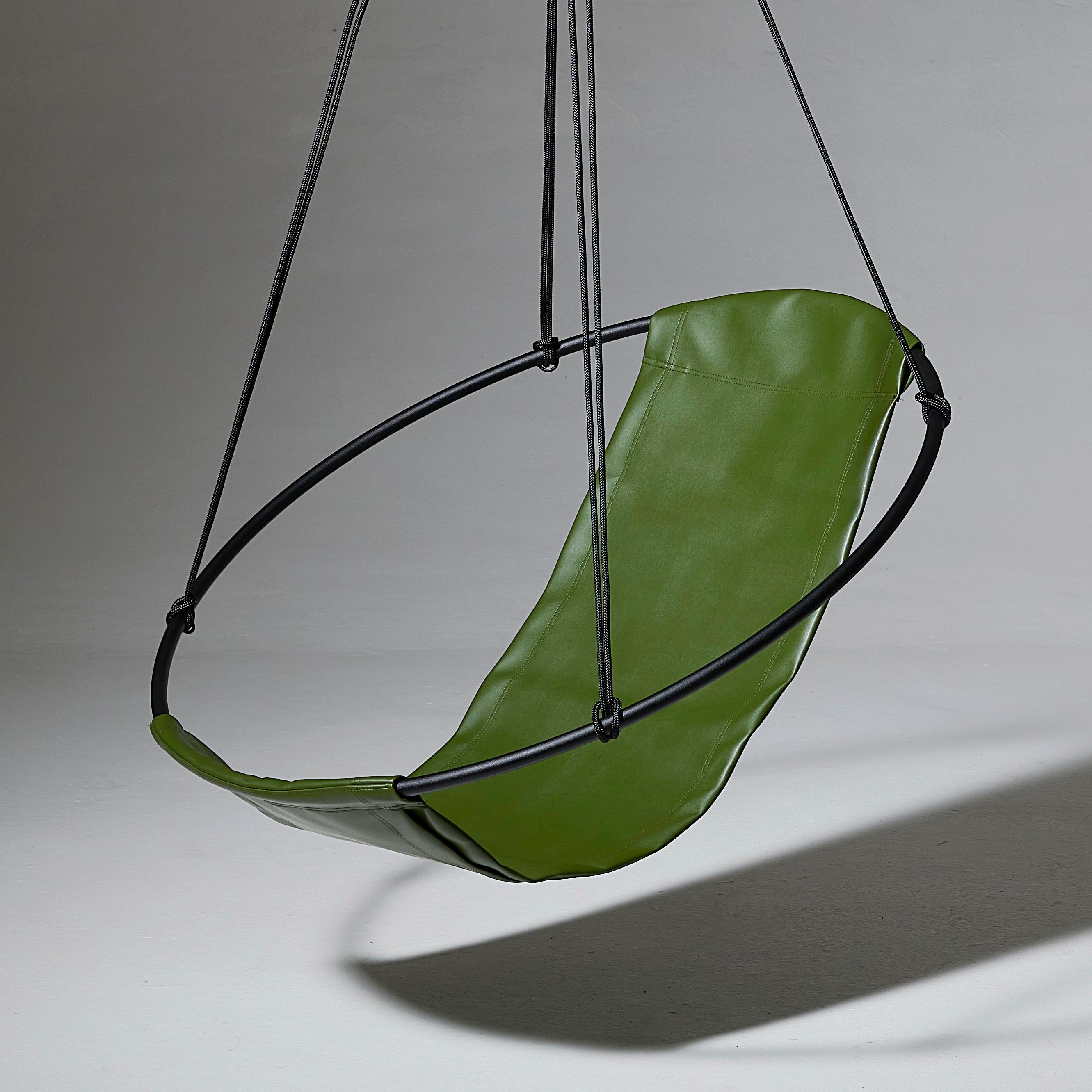 Metalwork Eco Friendly Vegan Cactus Leather Hanging Chair in Green For Sale