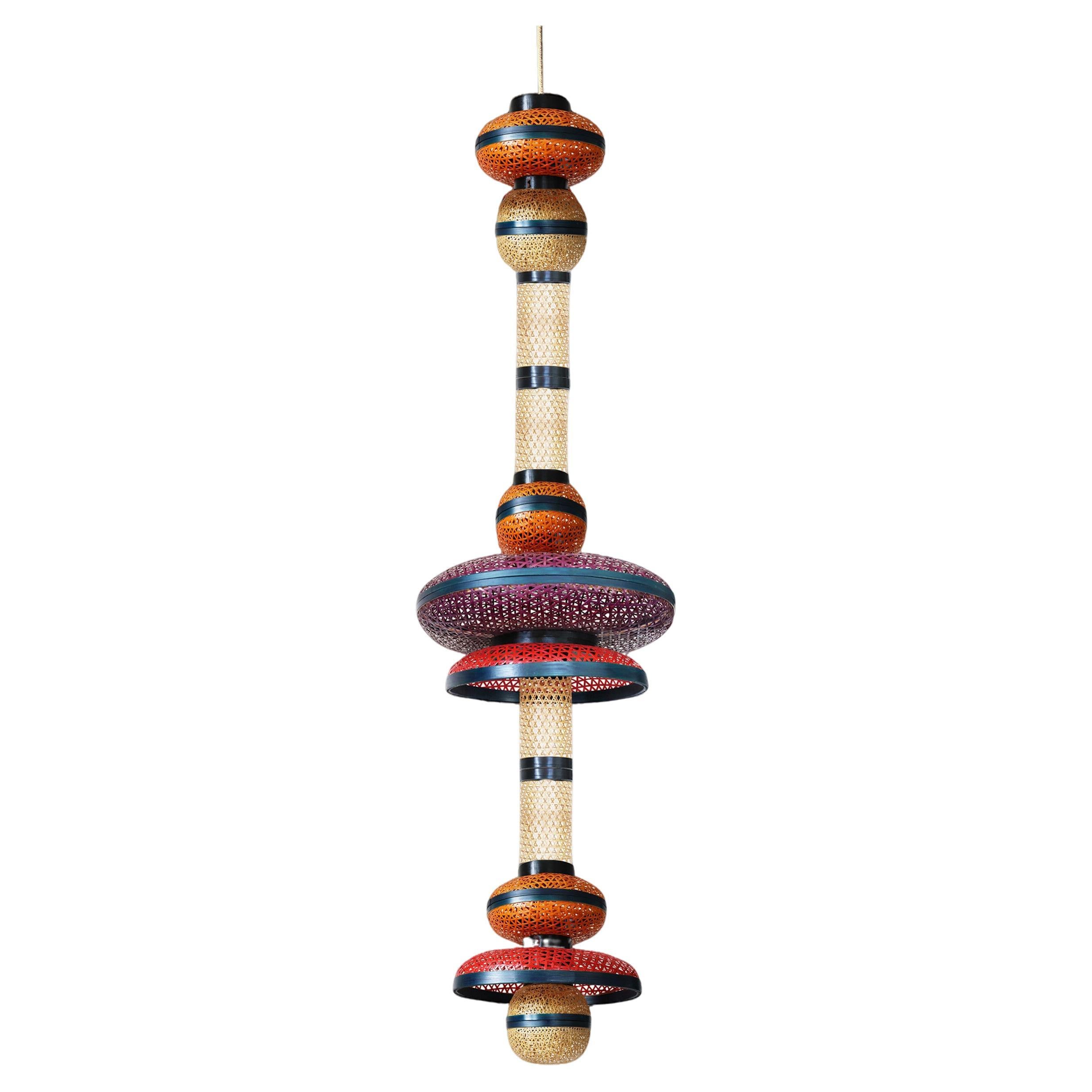 Eco Friendly XXL Red Orange Purple Bamboo Art Deco Style Chandelier H 86.6 inch For Sale