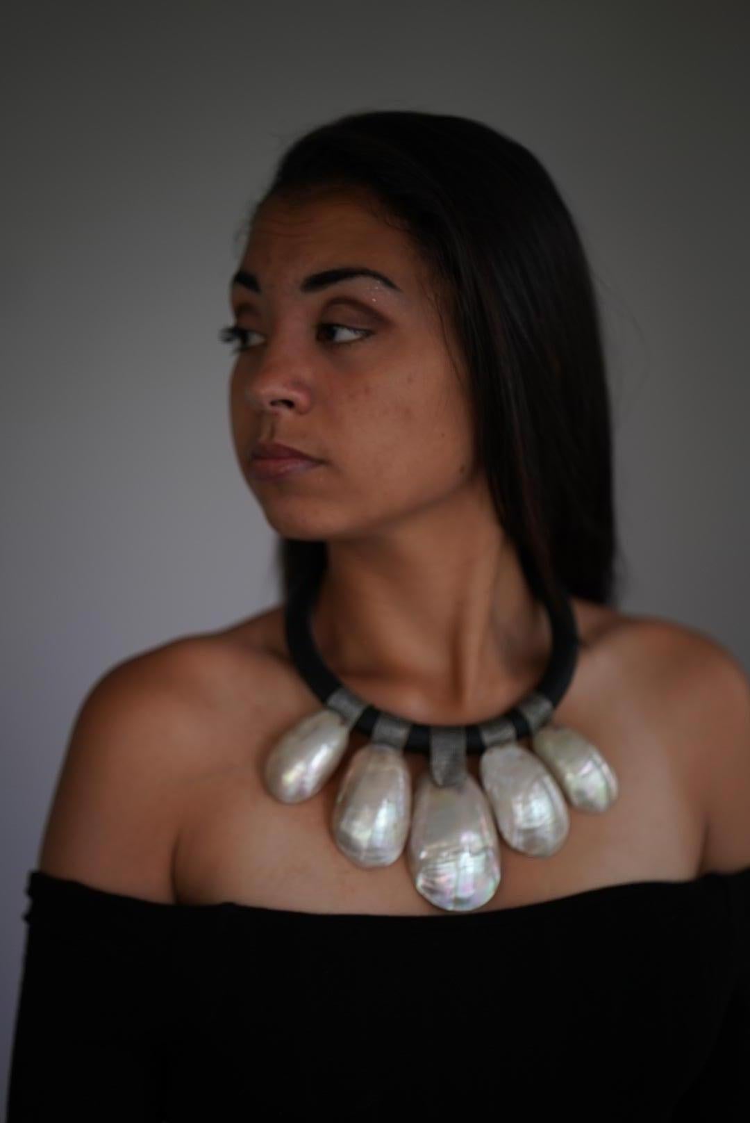 Sylvia Gottwald , Pink Mother of Pearl , Up -cycled, Eco-luxe Statement Necklace In New Condition In Washington DC, DC