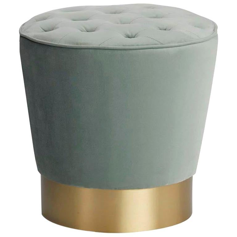 Eco Pouf in Aqua Green with Capitoné on Top and Brushed Brass Base For Sale