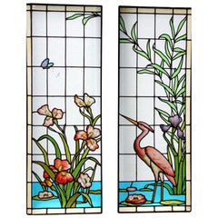 Ecole de Nancy Art Nouveau Bleiverglasung Fensterscheiben Reiher Frankreich 1900
