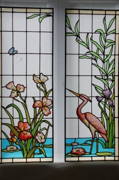 Ecole de Nancy Art Nouveau Stained Leaded Glass Window Panels Heron France 1900