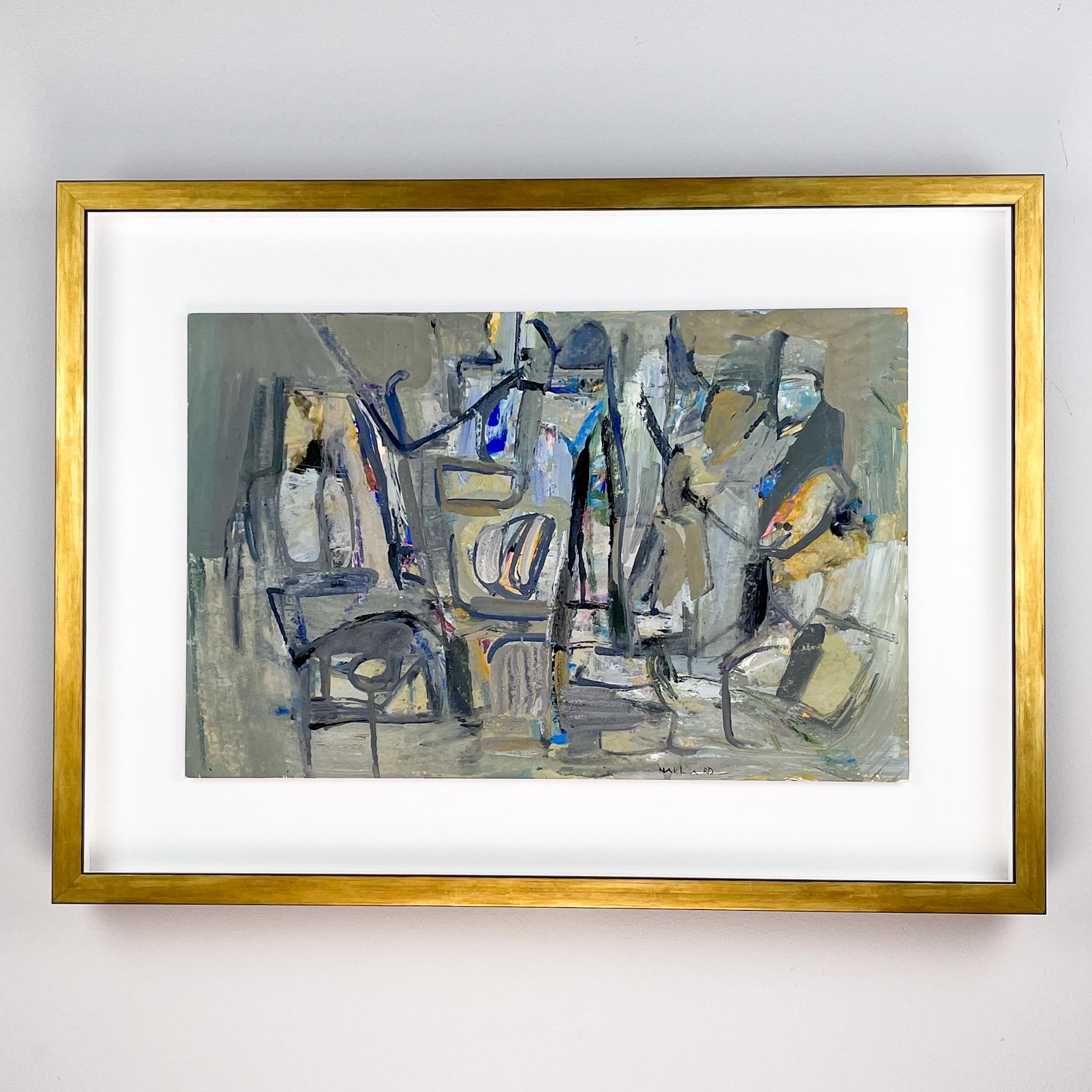 Louis Nallard, “Interior”, circa 1955 – Tempera on cardboard, professionally framed

Original artwork by French painter Louis Nallard. In this abstracted Interior the artist blends grey and earthtones with strokes of vibrant blues, orange and green.