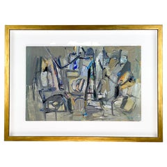 Peinture de l'École de Paris de Louis Nallard « Interior » Tempera sur planche vers 1955