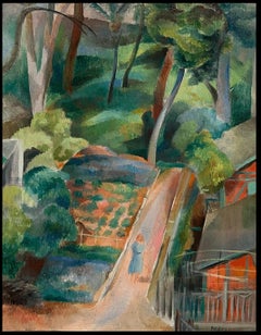 1930's Ecole de Paris Oil Painting Lady Walking in Garden Fauvist Influence