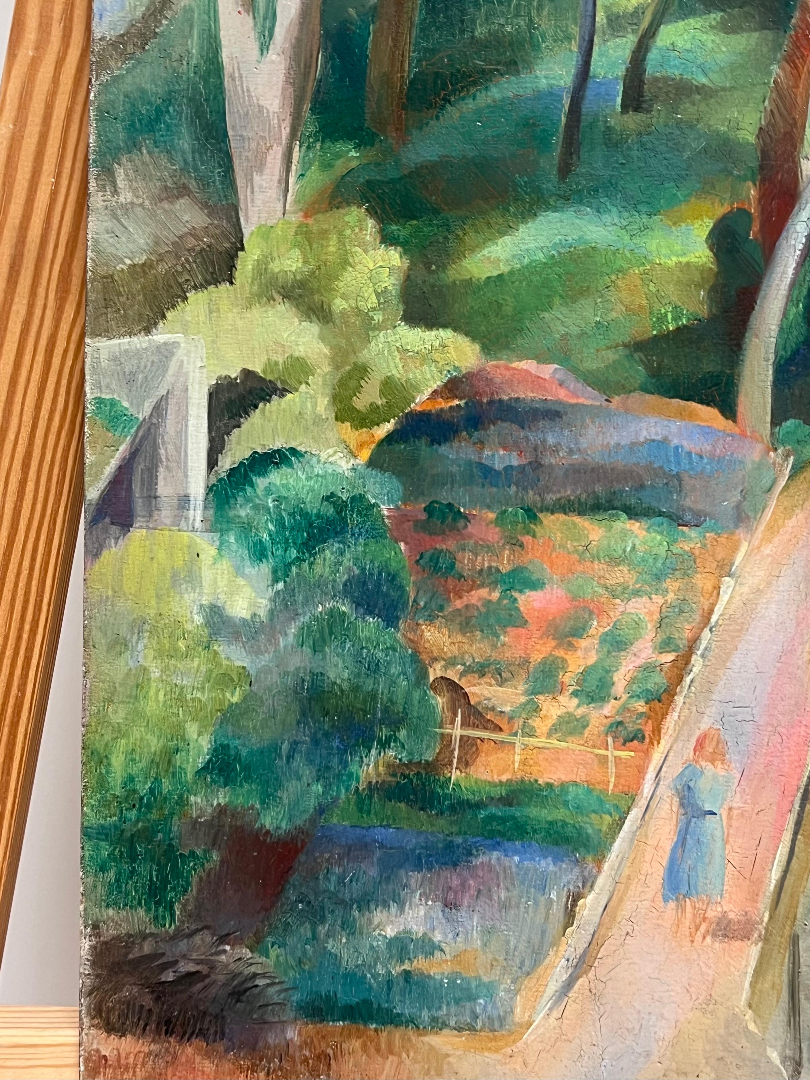 1930's Escuela de París Pintura al óleo Dama paseando por el jardín Influencia fauvista - Landscape Painting Gris de Ecole de Paris