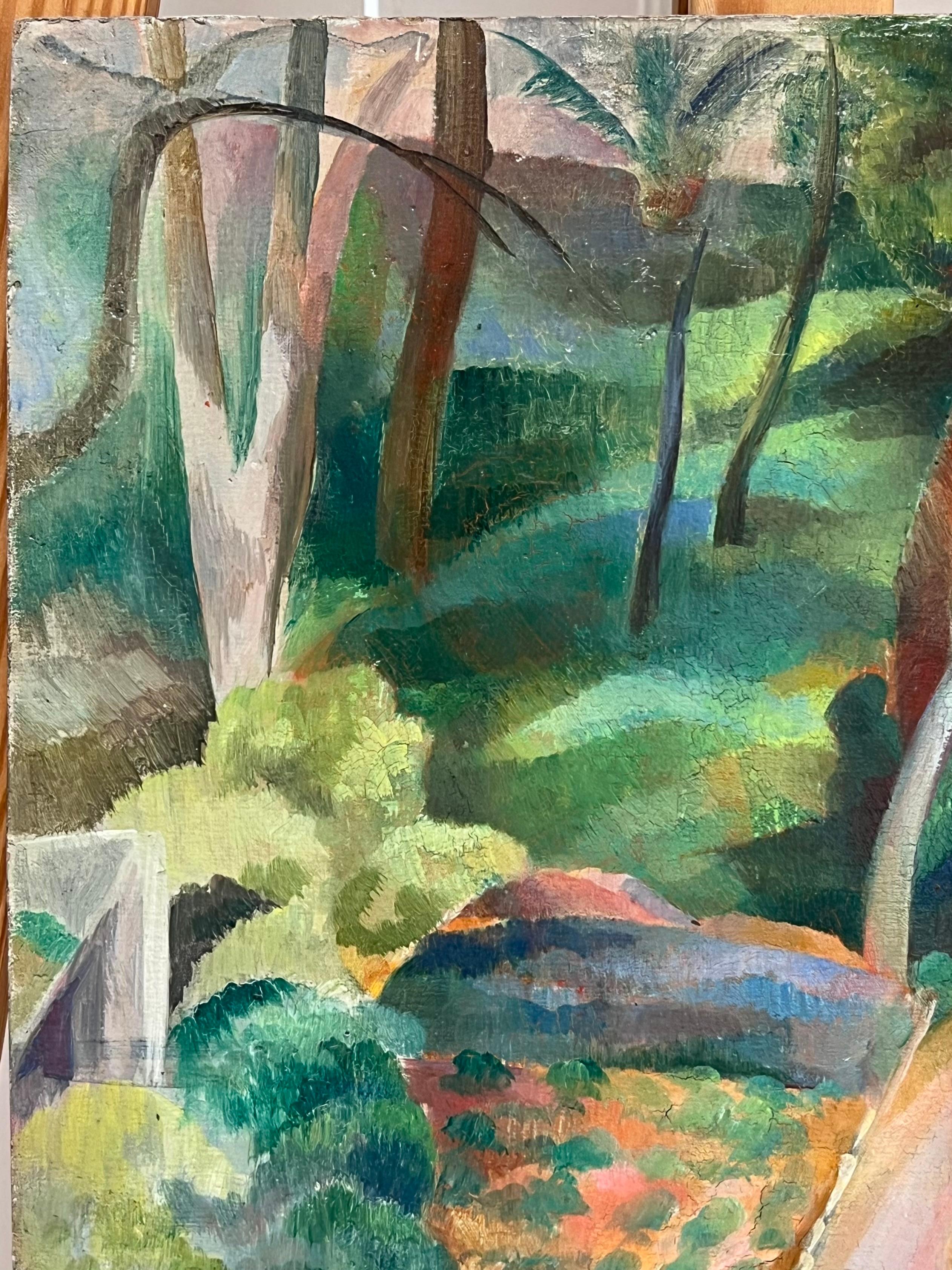 1930's Escuela de París Pintura al óleo Dama paseando por el jardín Influencia fauvista en venta 1