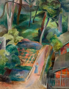 1930's Ecole de Paris Oil Painting Lady Walking in Garden Fauvist Influence