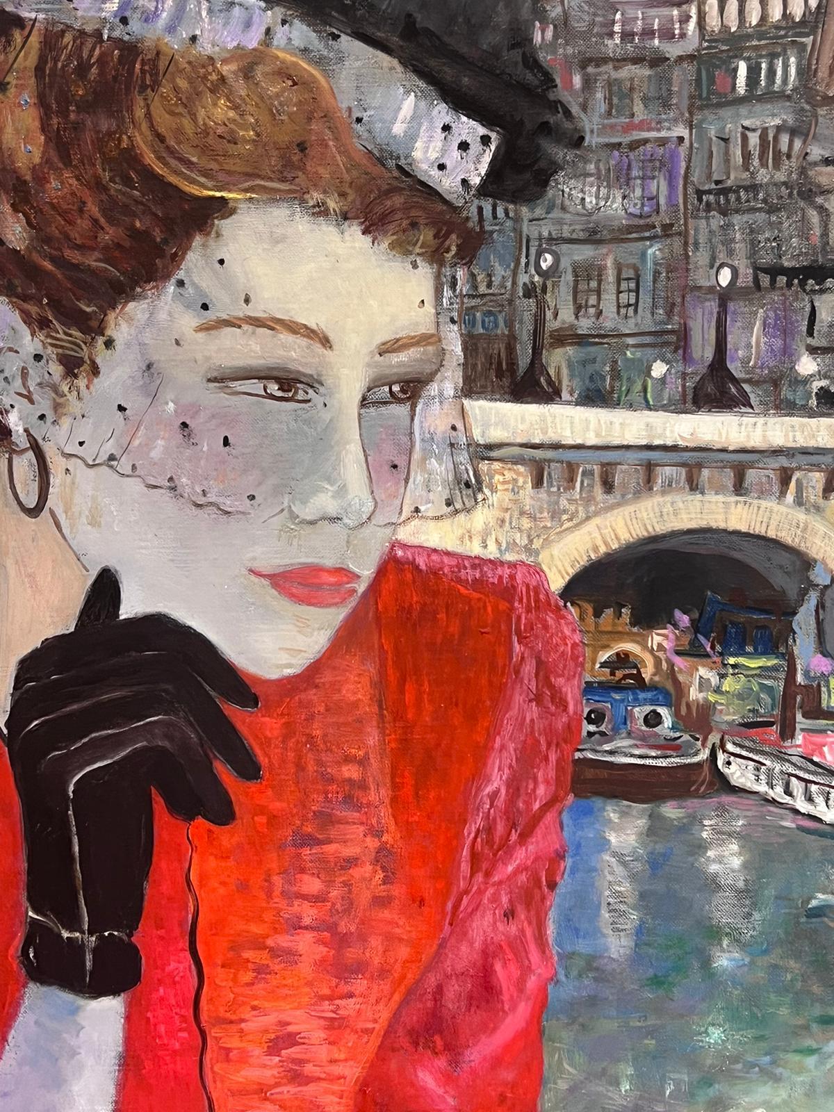 Peinture à l'huile française des années 1960, Lady Fashionable à Paris sur le pont de la Seine - Painting de Ecole de Paris