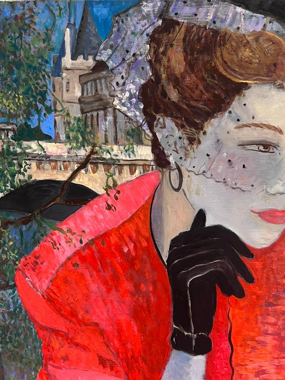 Peinture à l'huile française des années 1960, Lady Fashionable à Paris sur le pont de la Seine - Moderne Painting par Ecole de Paris