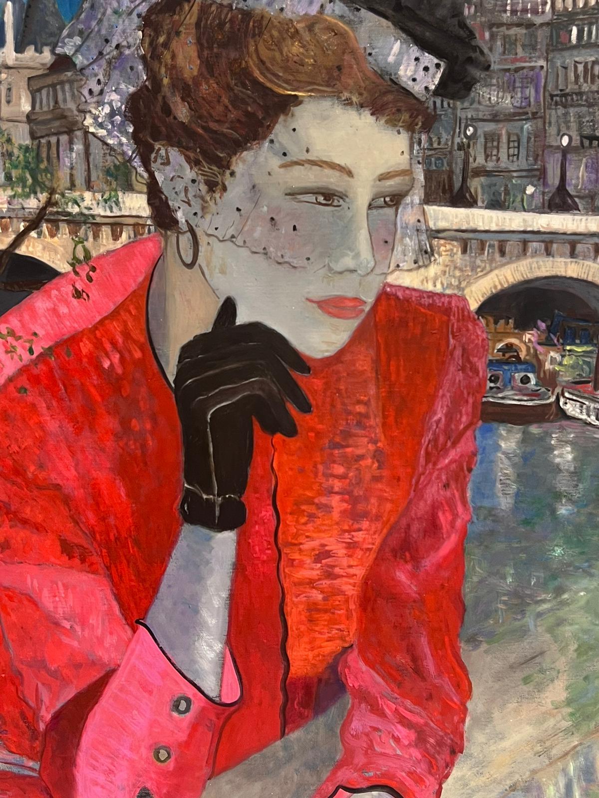 Peinture à l'huile française des années 1960, Lady Fashionable à Paris sur le pont de la Seine en vente 1