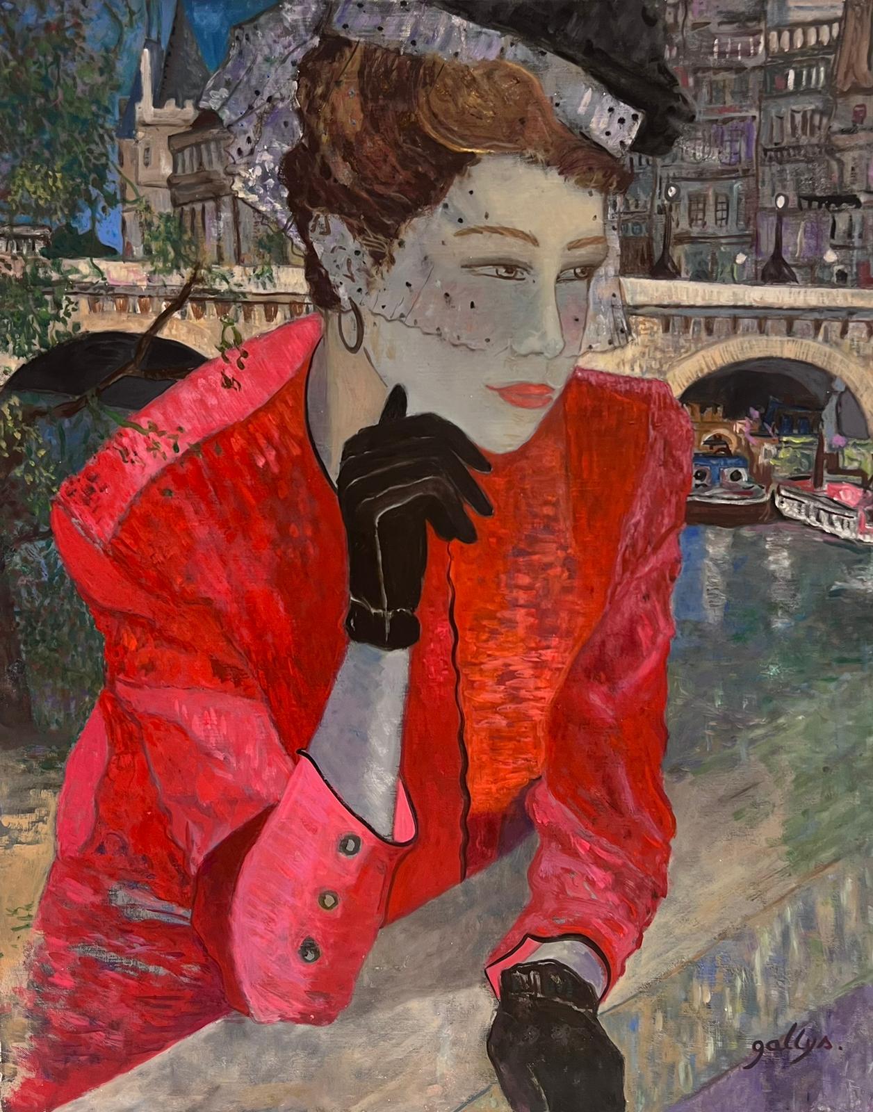 1960's French Oil Painting Fashionable Lady in Paris on Bridge River Seine