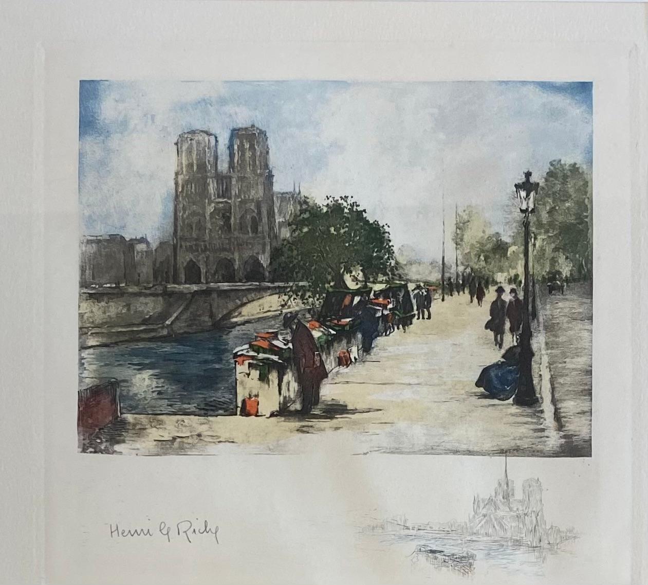 A beautiful original watercolor painting depicting Notre Dame Cathedral and the Seine in Paris, France. Painted by Henri Le Riche. 

Hand signed on the bottom left, pencil drawing of the cathedral and the Seine are also featured on the lower right.