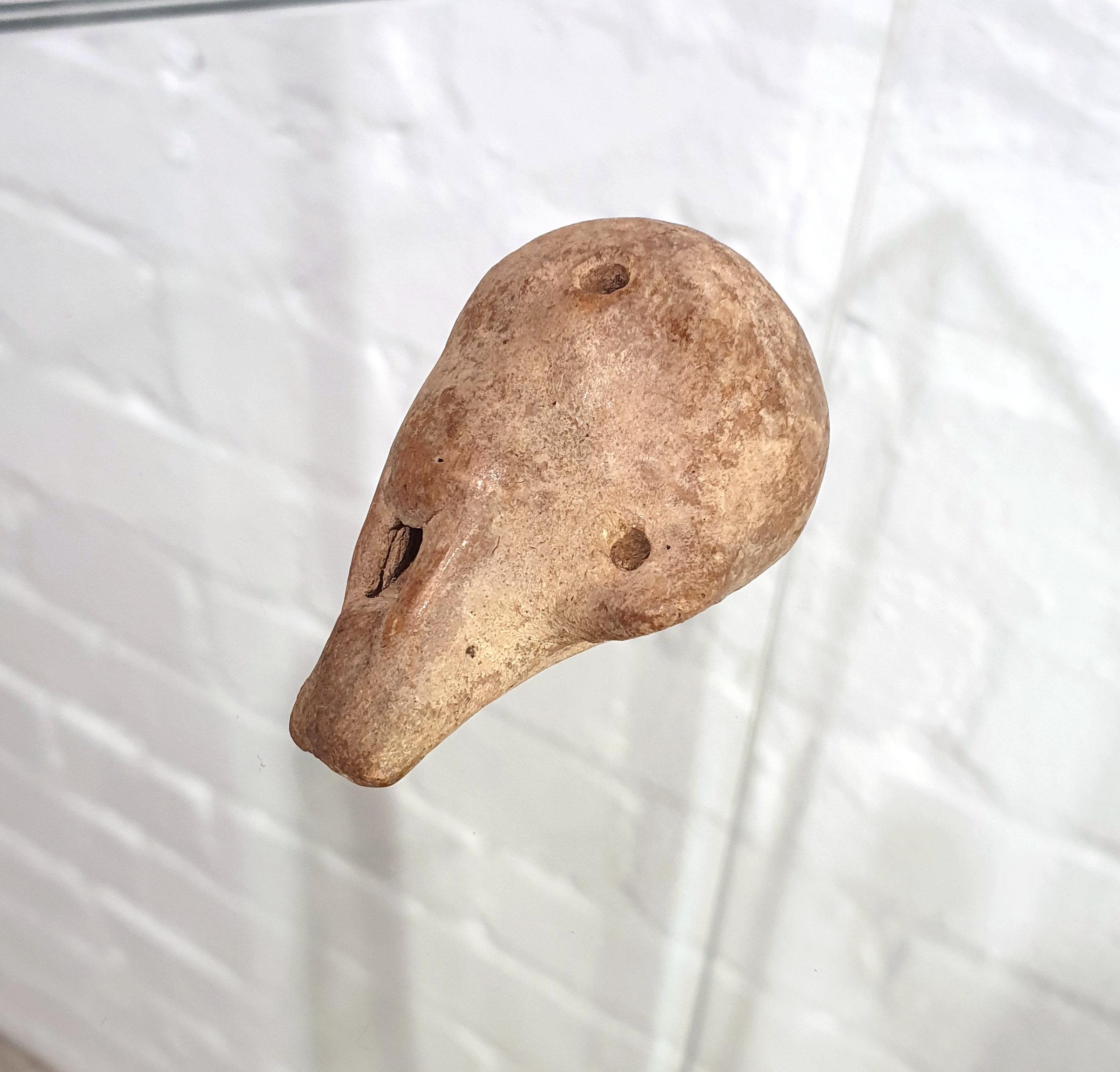 Esta pieza primitiva ecuatoriana, única y asombrosa, es un silbato tallado en forma de calavera, y data de la etapa formativa del periodo boscoso. Mide 5 cm de ancho, 6 cm de profundidad y 4 cm de altura. El silbato tiene procedencia y fue adquirido
