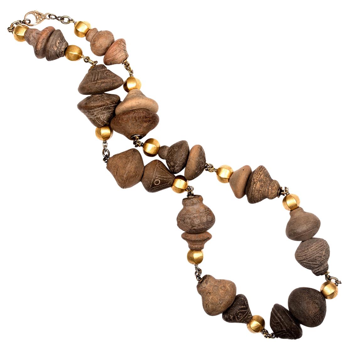 Sylva & Cie Ecuadorian Ceramic Bead Necklace with 18k Yellow Gold Beads For Sale