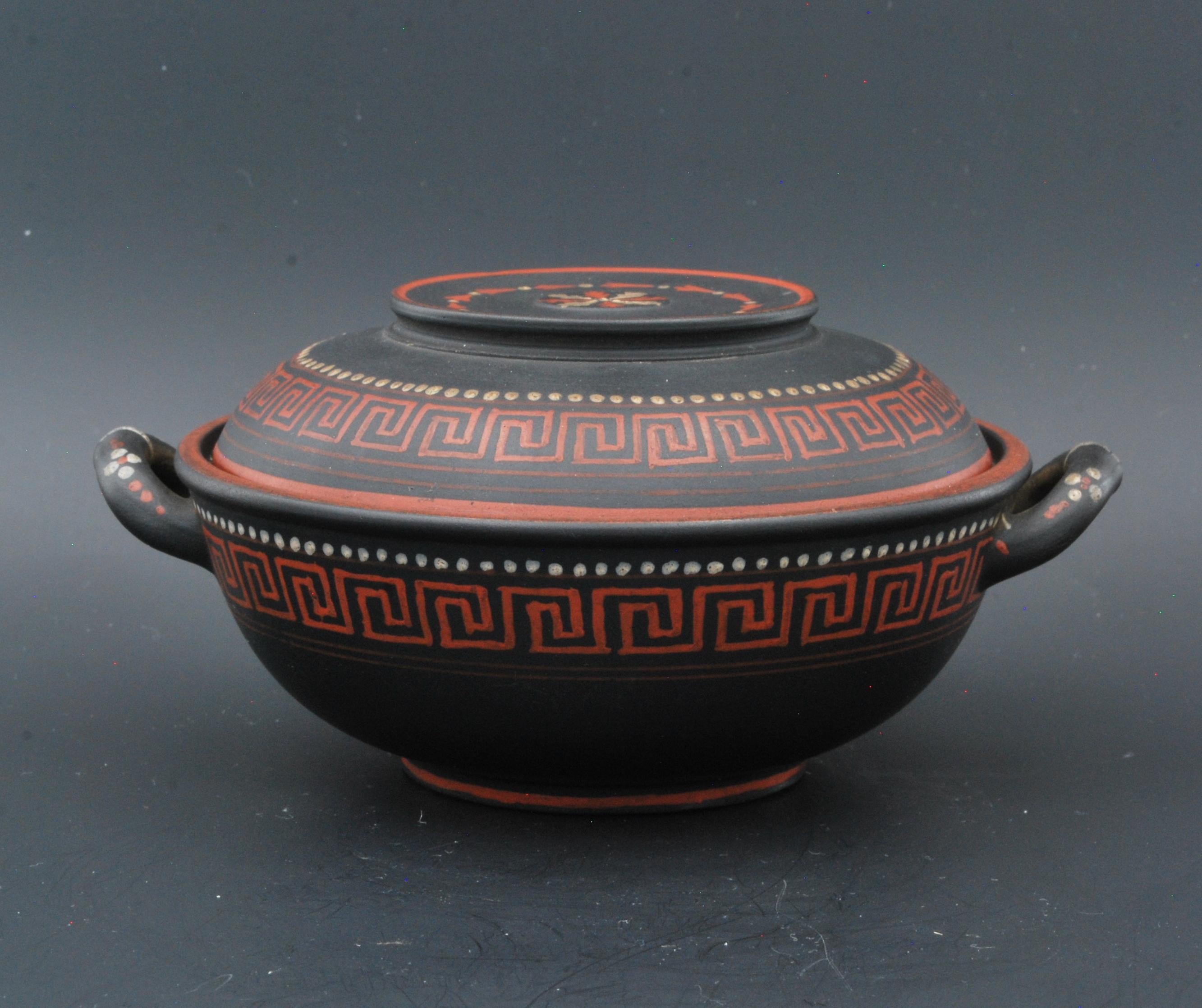 Covered bowl, perhaps for soup, in black basalt with ‘Etruscan’ encaustic painting.