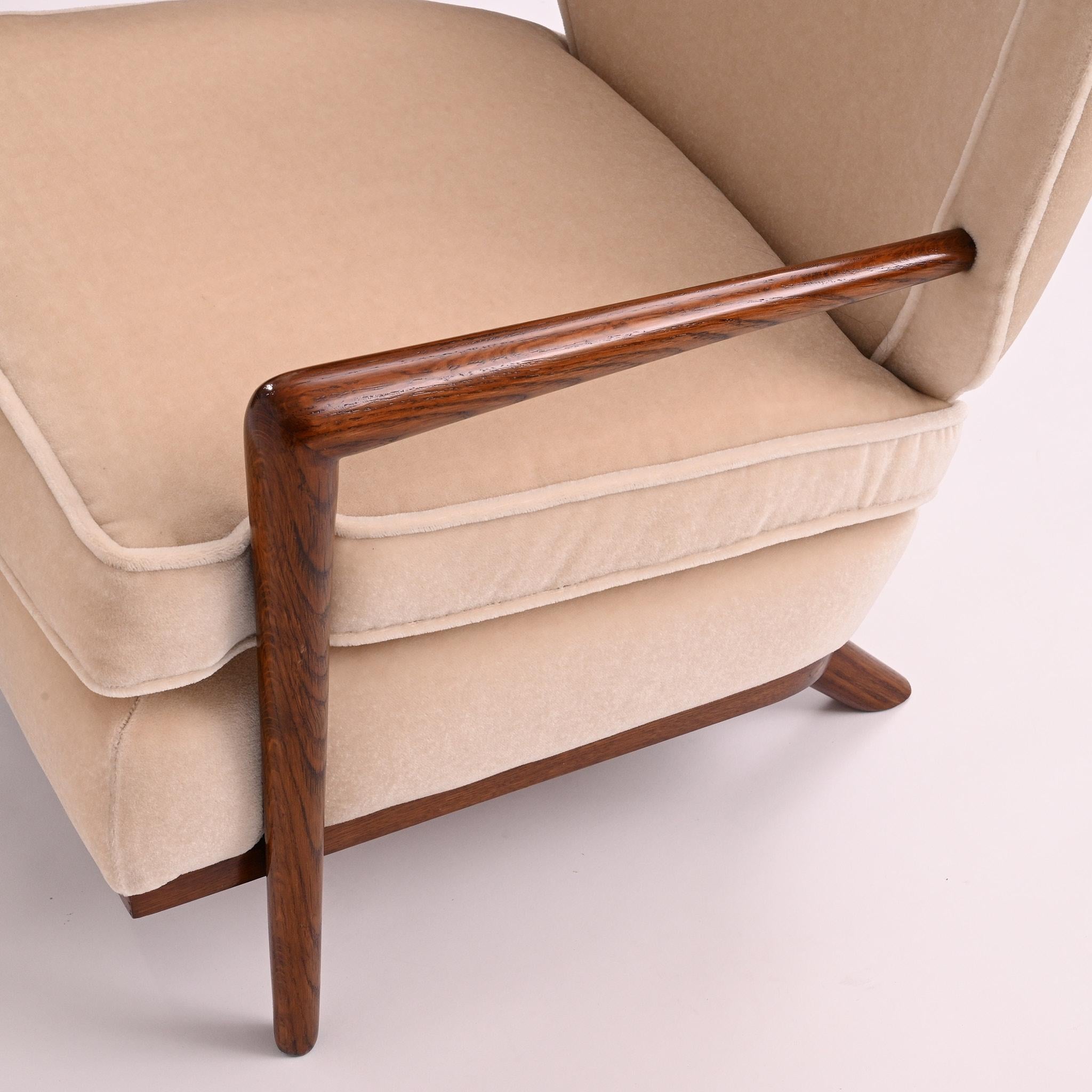 Mid-Century Modern Ecusson Armchair, Jean Royère - French Oak, Fabric (Mohair Velvet) - France For Sale
