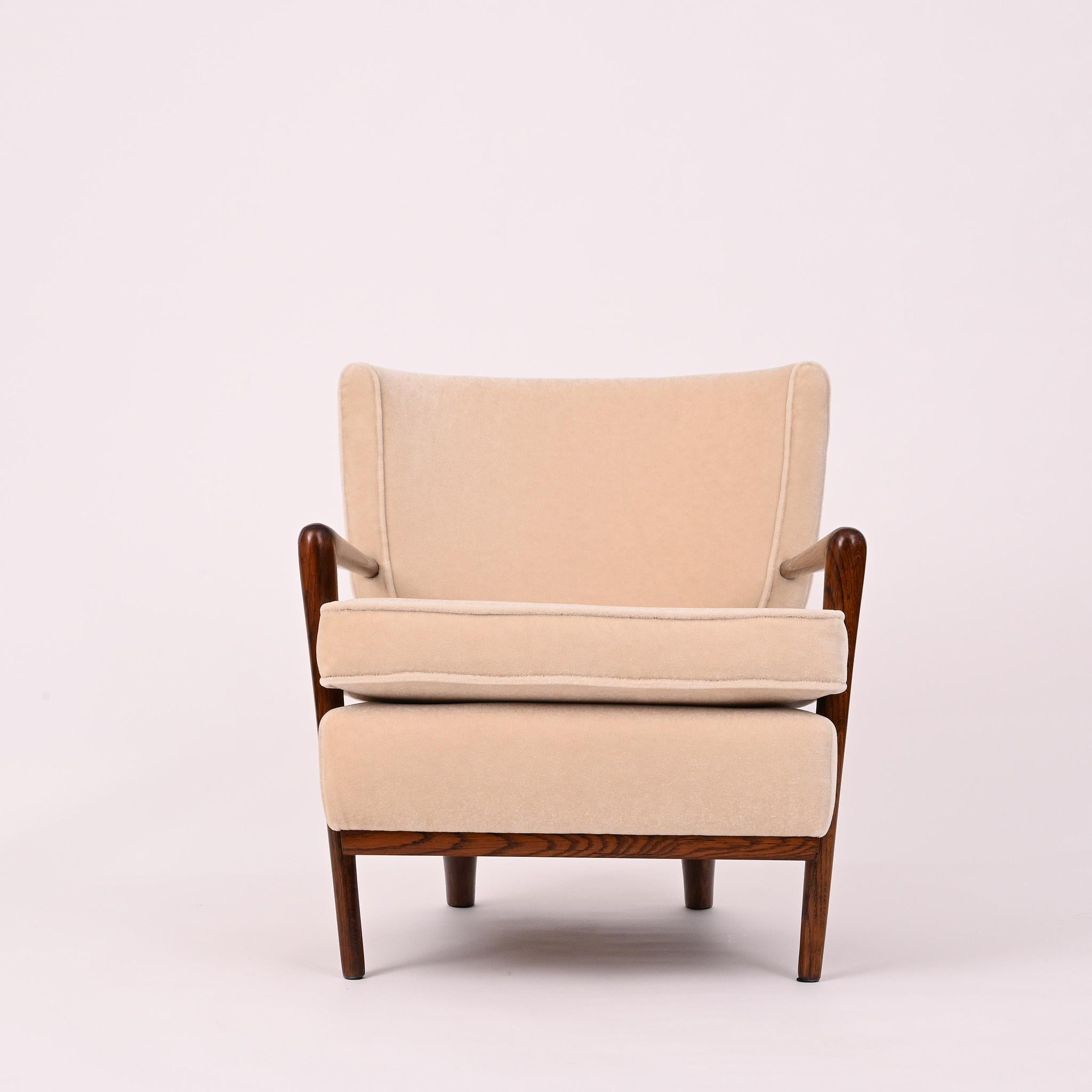 Ecusson Armchair, Jean Royère - French Oak, Fabric (Mohair Velvet) - France In Good Condition For Sale In New York, NY