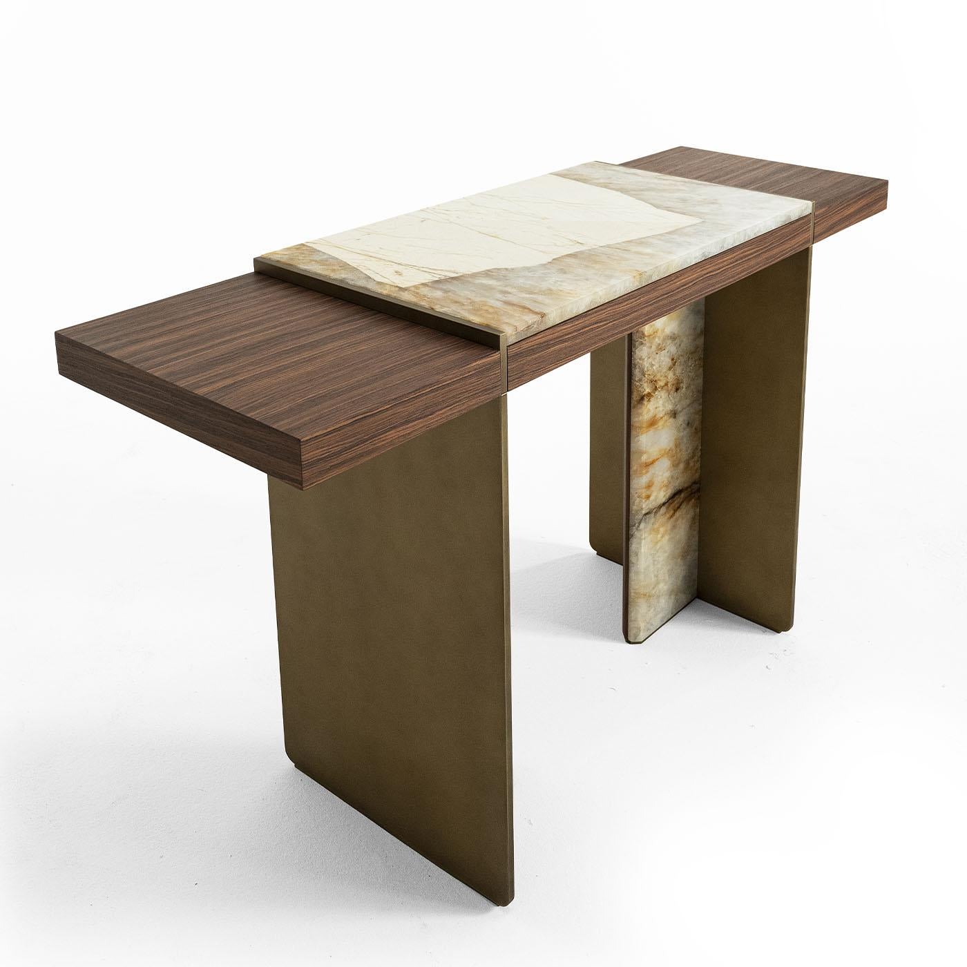  Console in striped rosewood CGB422, TL09 cloudy gold metal insert, MR40 Patagonia marble insert and top