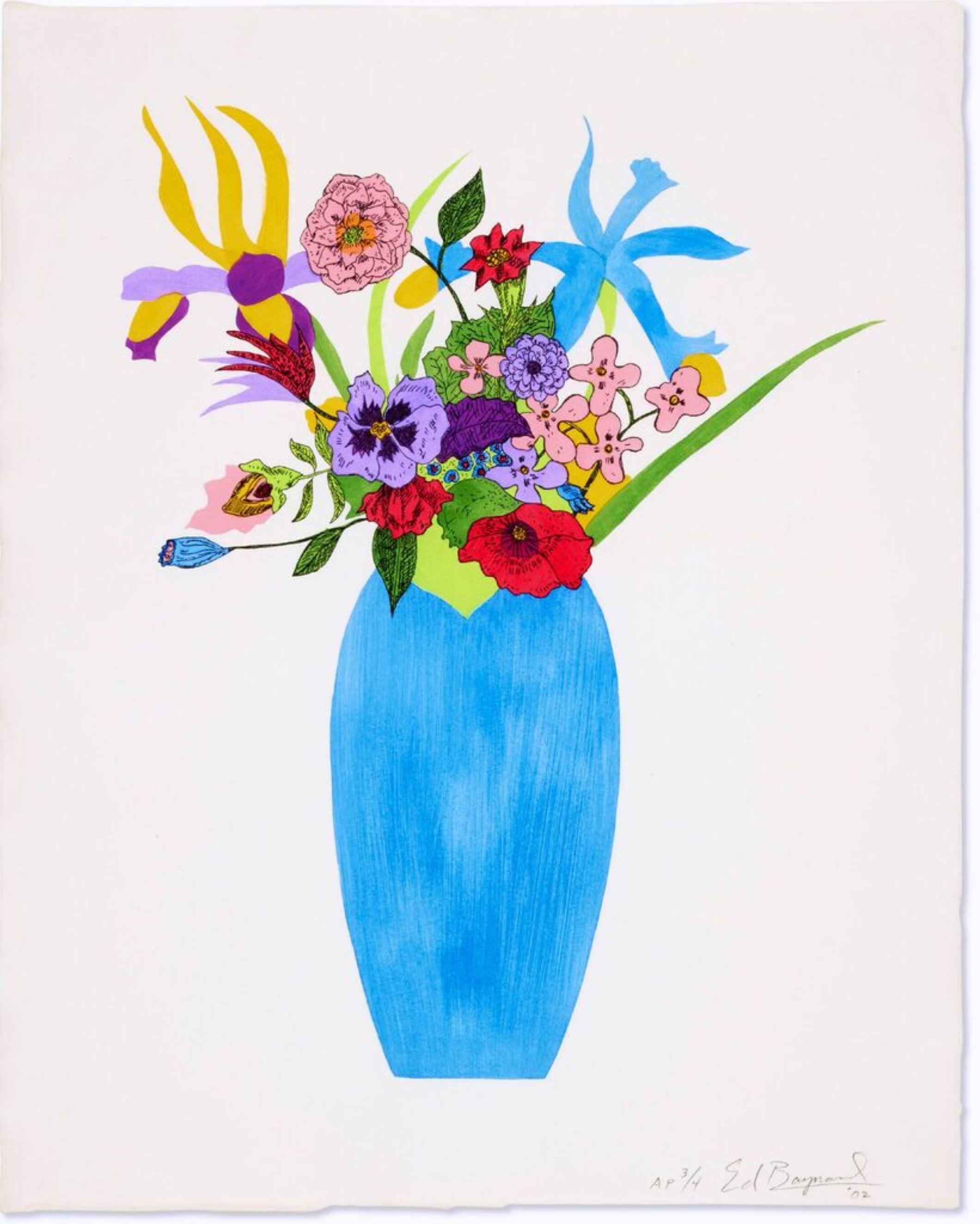 Jarrón Azul en Papel Hand Made, Precioso Pochoir y Relieve Firmado Ed de 3, Enmarcado - Print de Ed Baynard