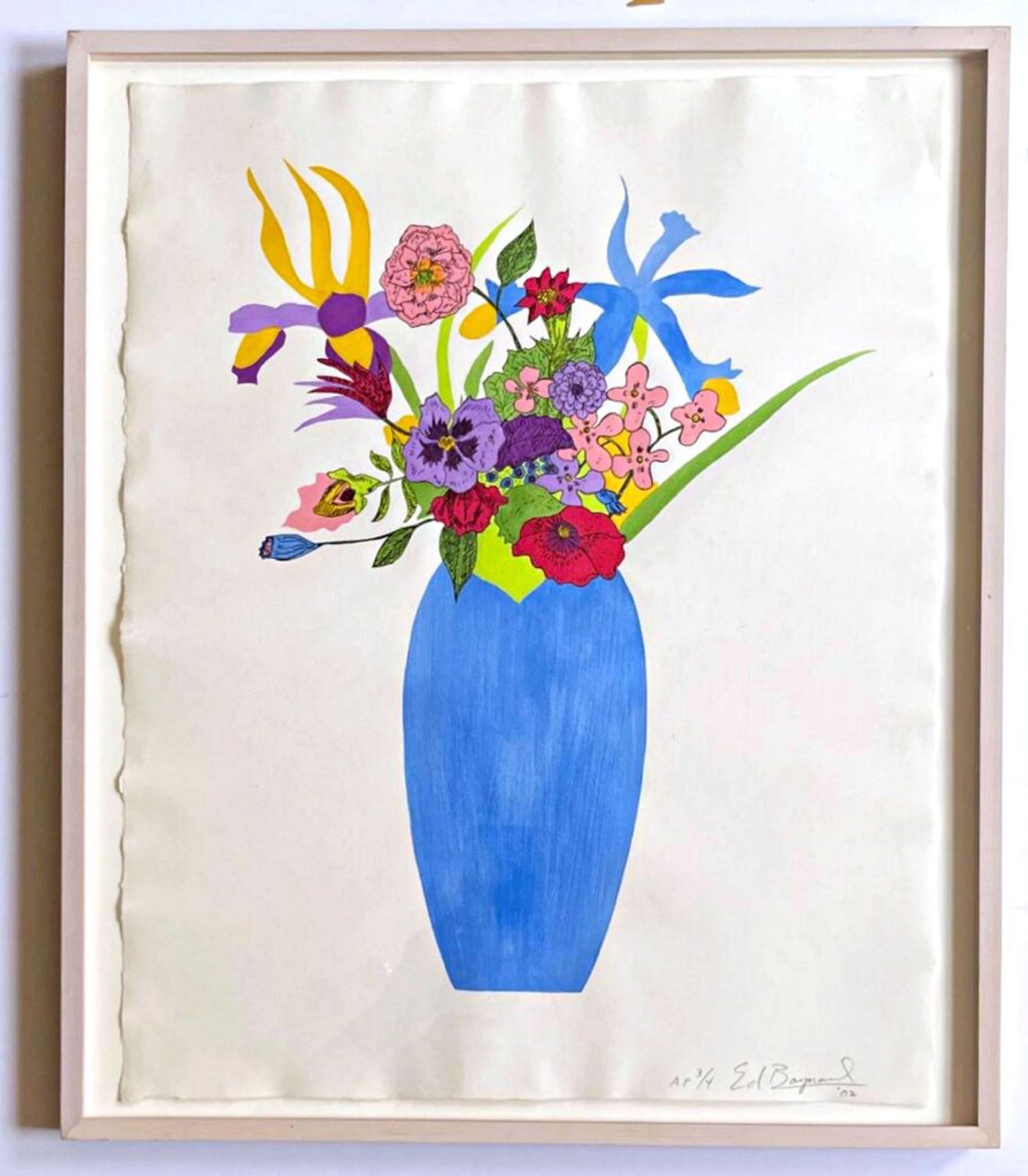 Jarrón Azul en Papel Hand Made, Precioso Pochoir y Relieve Firmado Ed de 3, Enmarcado