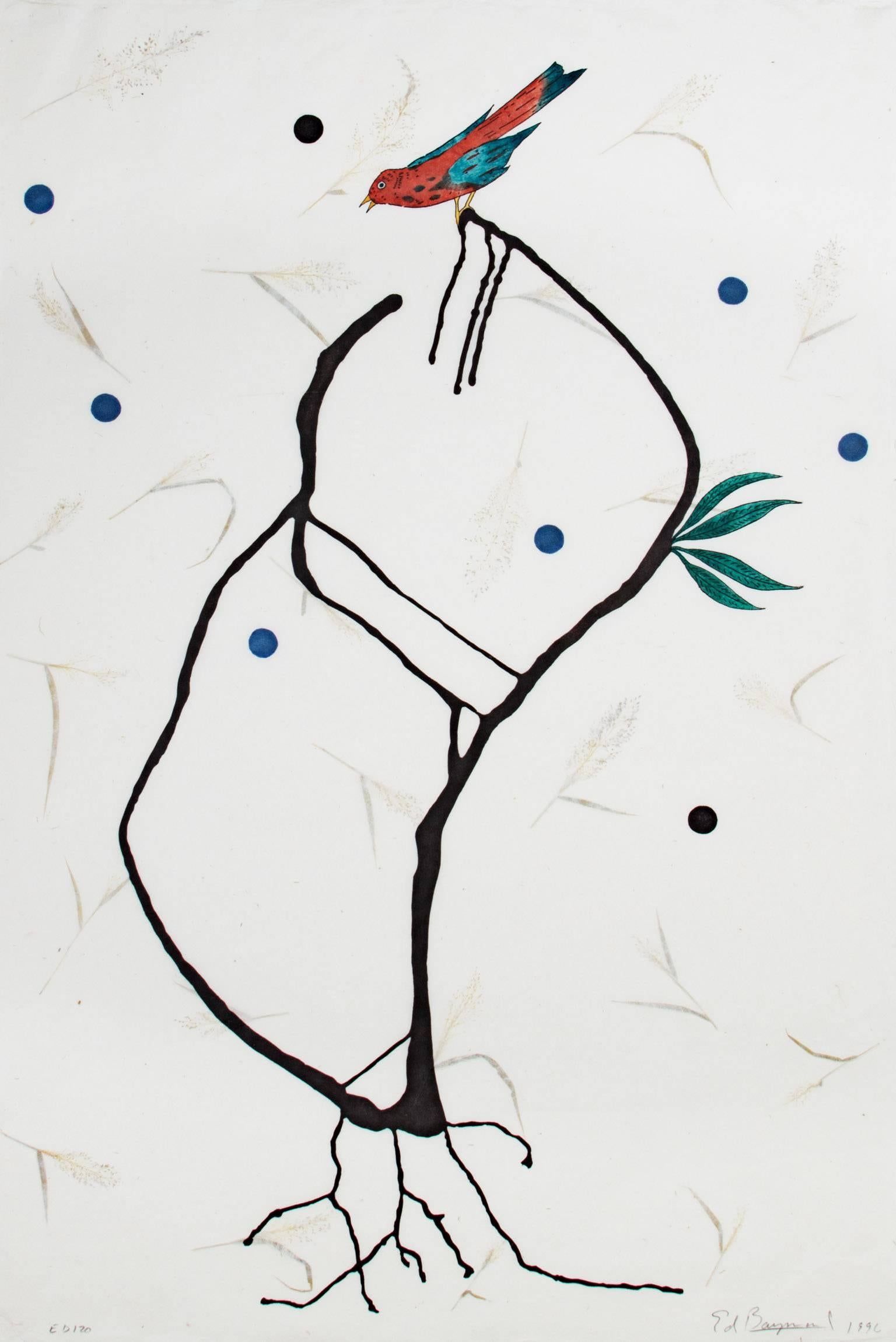 Ed Baynard Animal Print – "The Little Bird & The Leaves of Grass" Minimalismus Mischtechnik signiert Natur