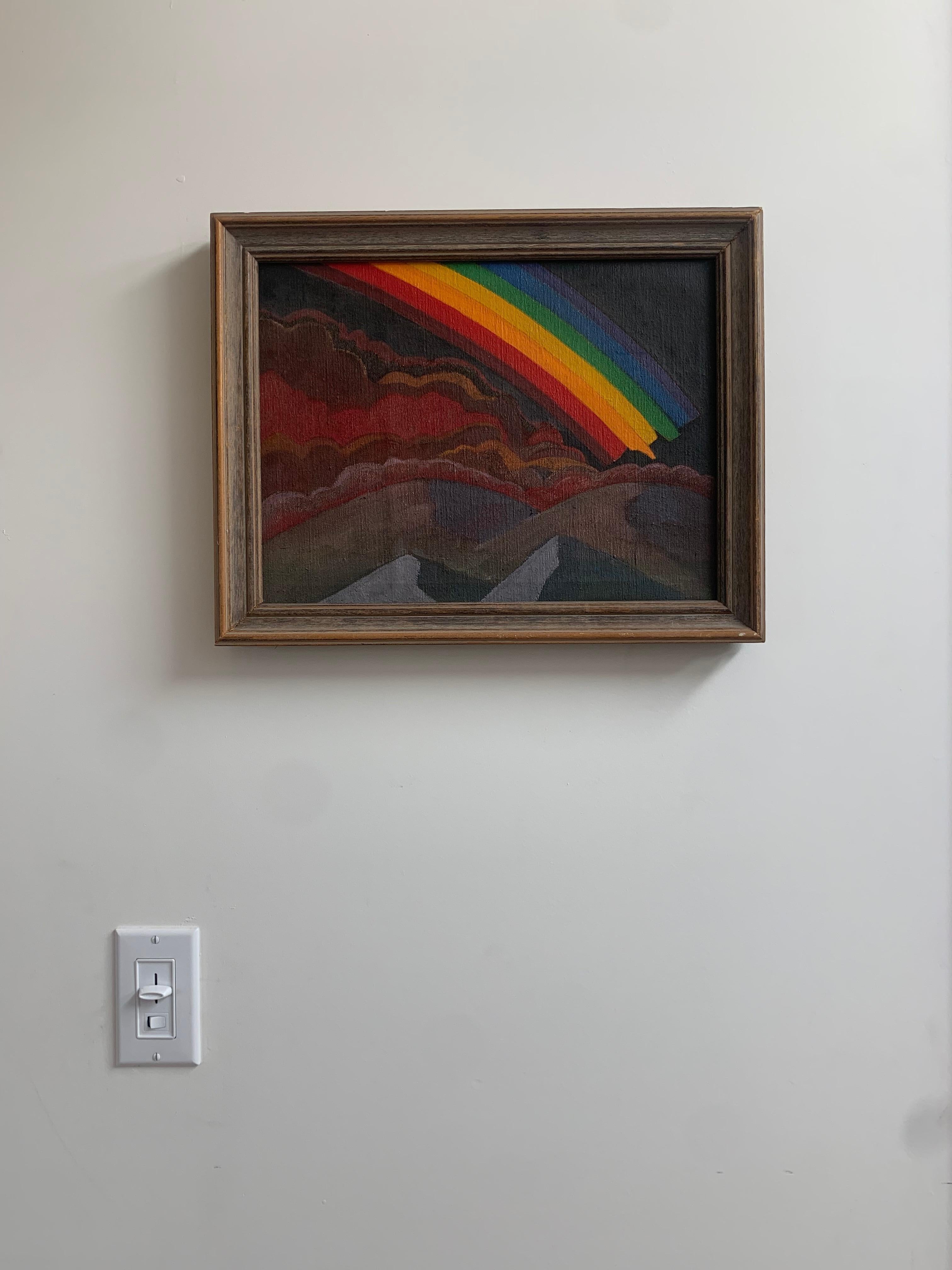 A painting - « Midnight Rainbow » - by Edward Beardsley, 1980, signed. Oil on canvas. This tableau features a tumultuous storm on the verge of being eclipsed by a brilliant rainbow. Strong in color and economical in texture, Beardsley’s œuvre