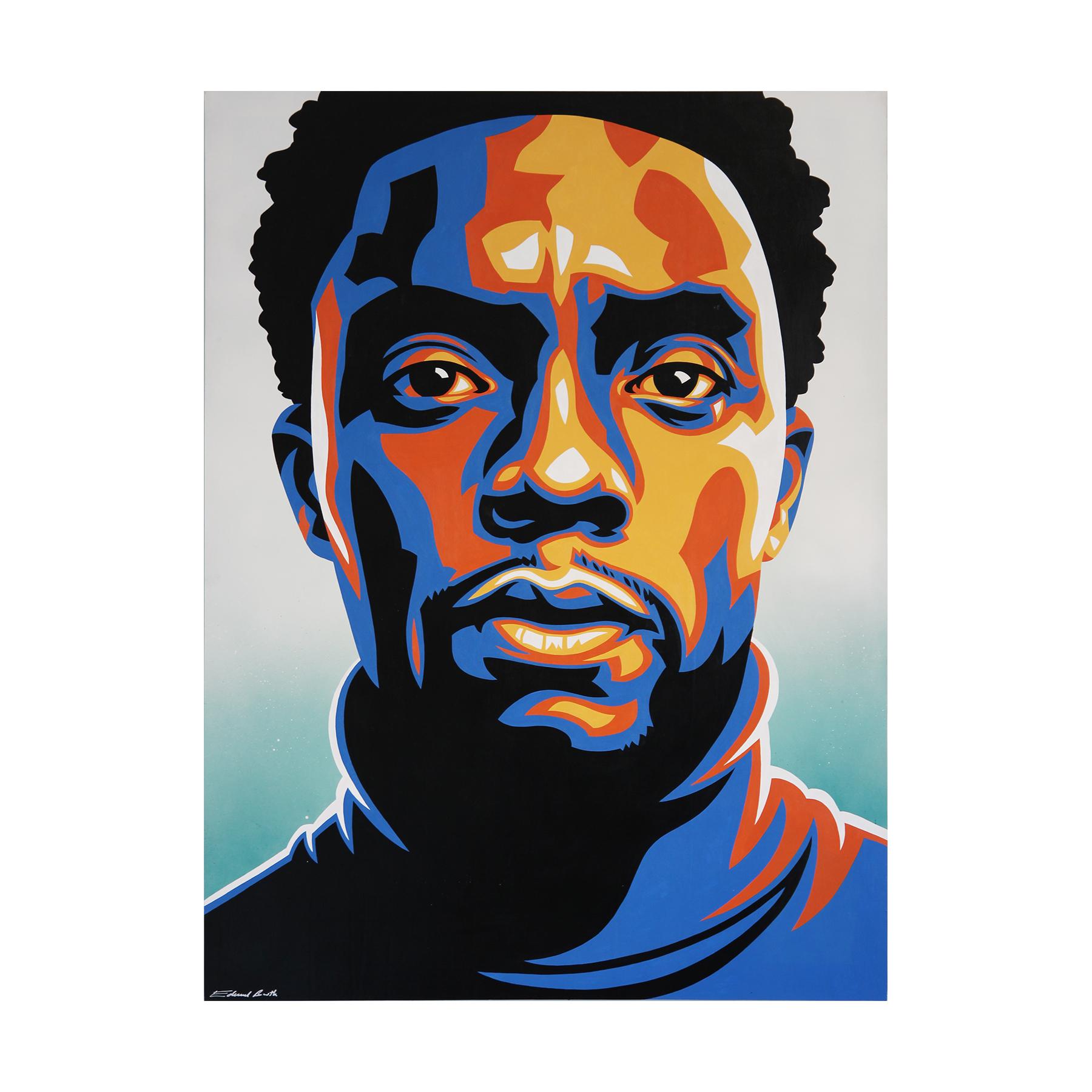 Ed Booth Abstract Painting - Chadwick Boseman “Black Panther” Teal, Blue, Orange, and Yellow Modern Portrait