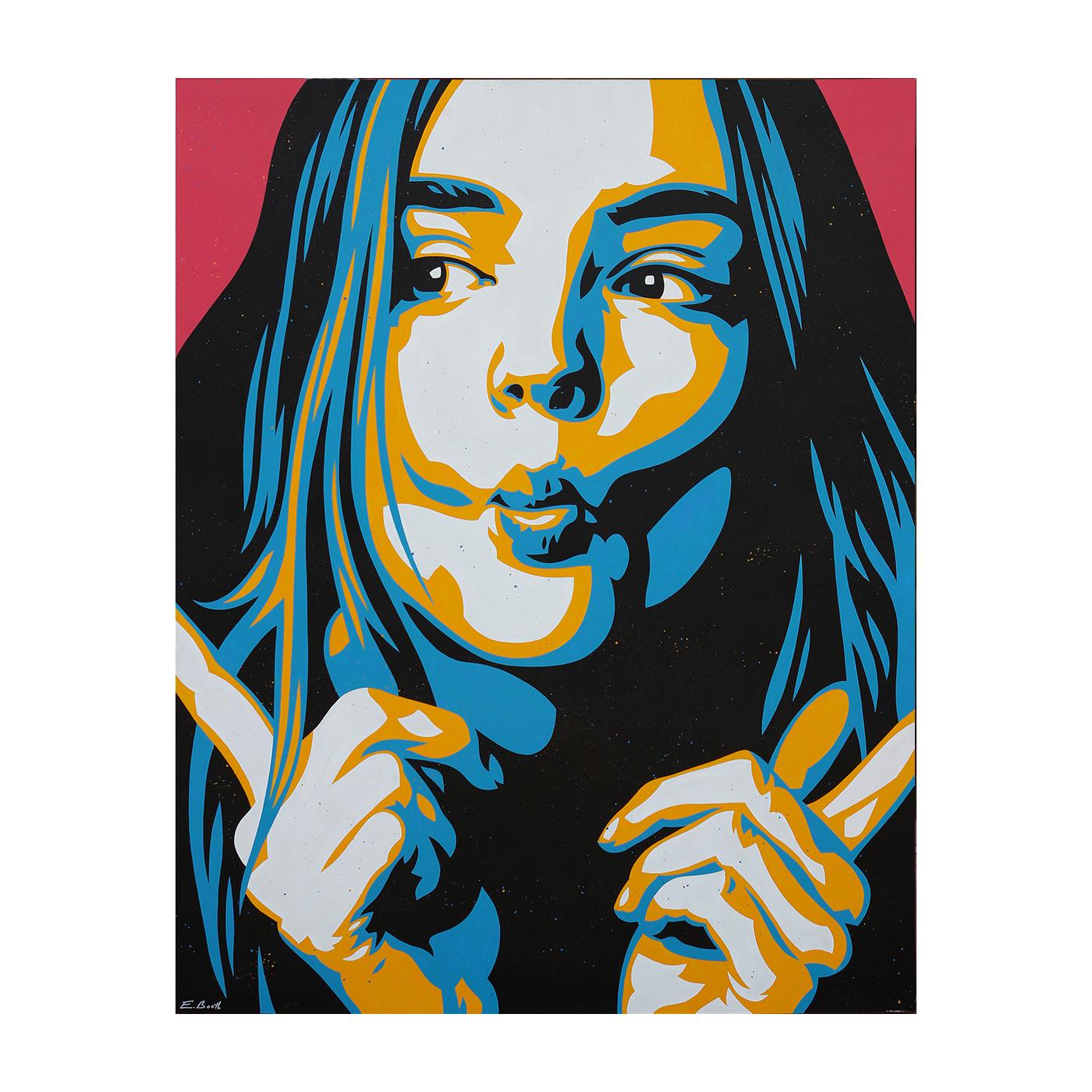“Kickin’ Around” Blue, Yellow, and Pink Toned Abstract Vectorized Woman Portrait - Painting by Ed Booth
