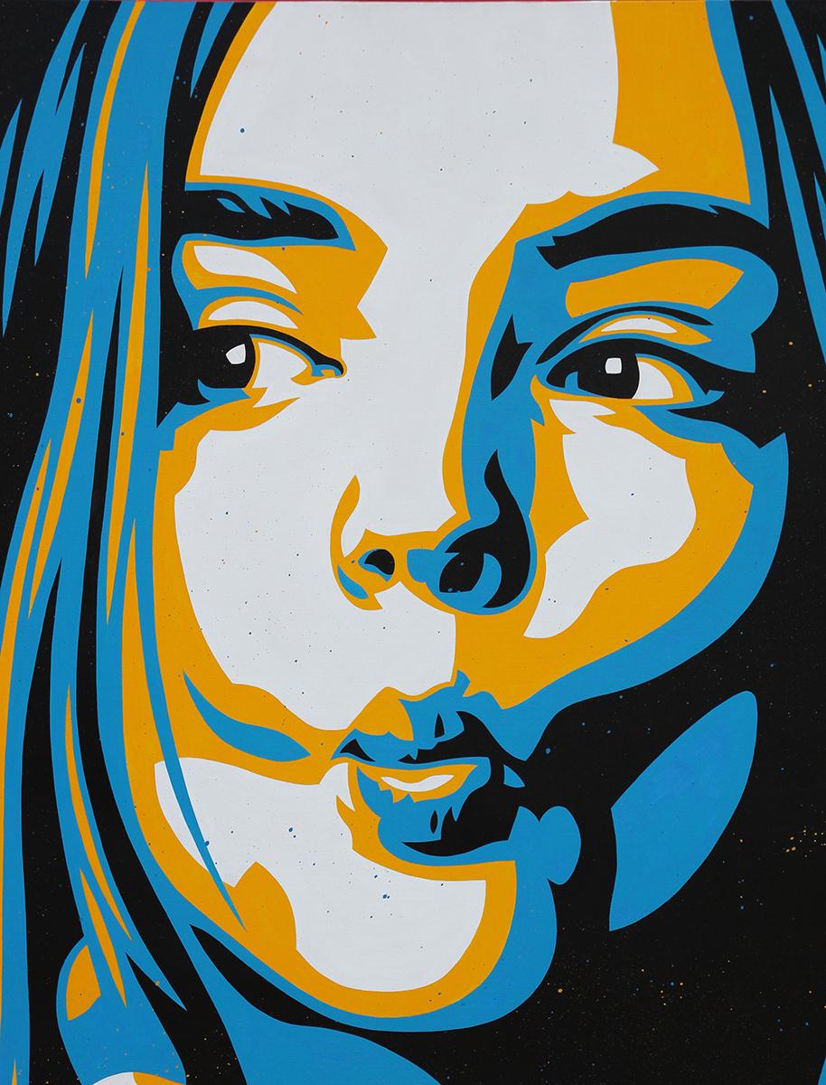 “Kickin’ Around” Blue, Yellow, and Pink Toned Abstract Vectorized Woman Portrait - Pop Art Painting by Ed Booth